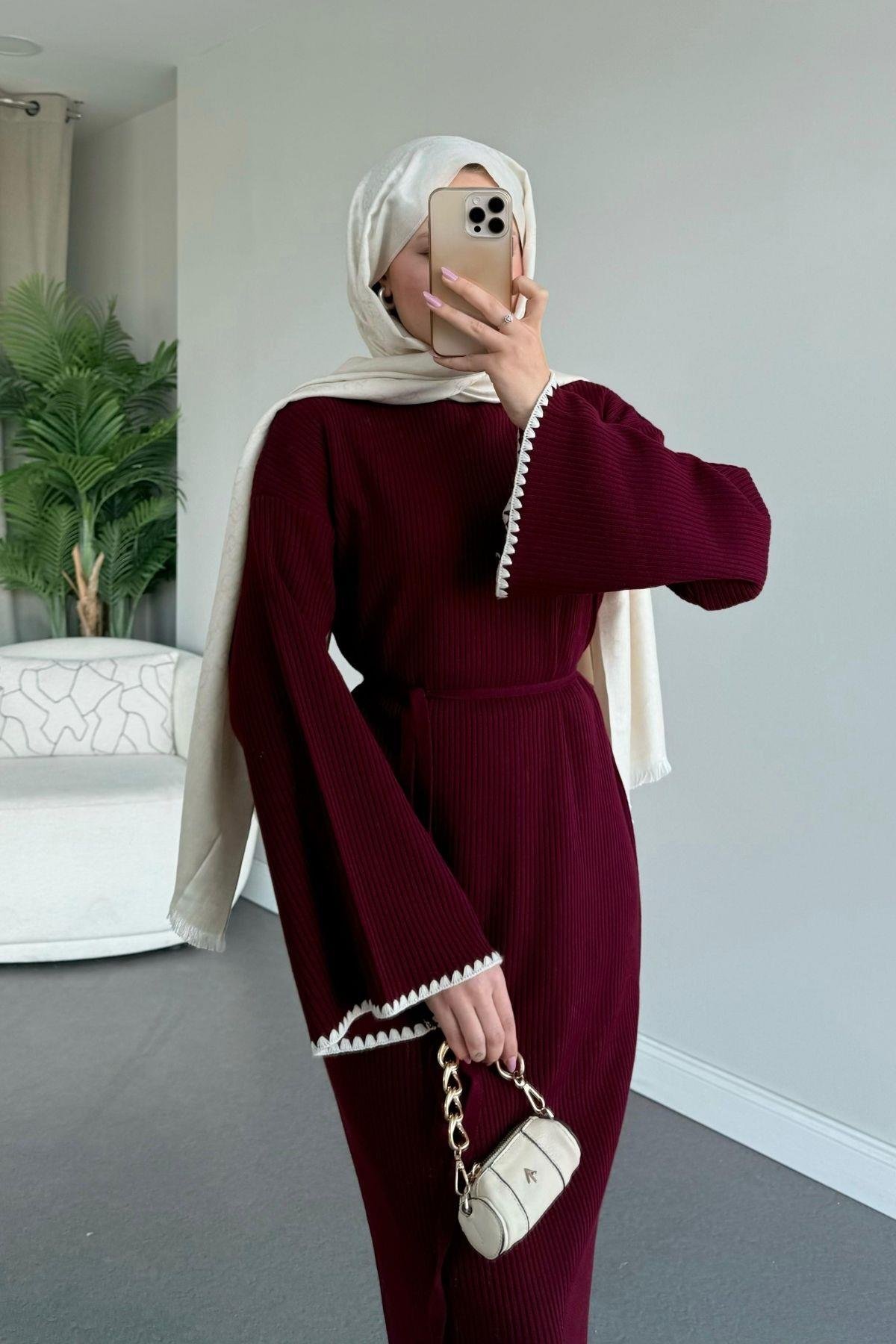 Zeynep Triko Elbise Bordo, Fiyatları Haza Moda | Tesettür Giyim | Zeynep Triko Elbise Bordo