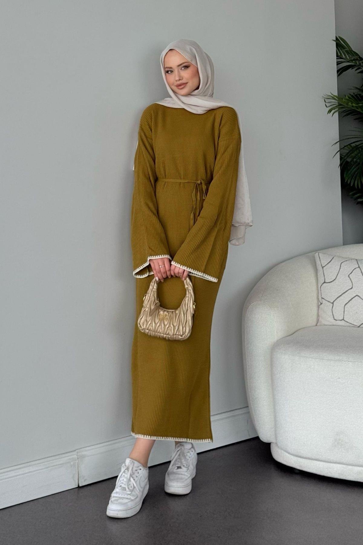 Zeynep Triko Elbise Yağyeşili, Fiyatları Zeynep Triko Elbise Yağyeşili - Haza Moda 