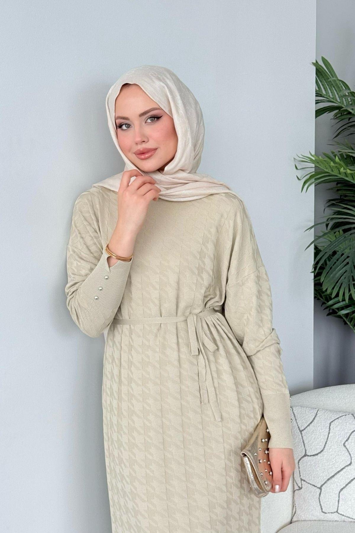 Zımbalı Merserize Elbise Bej, Fiyatları Zımbalı Merserize Elbise Kahve - Haza Moda 