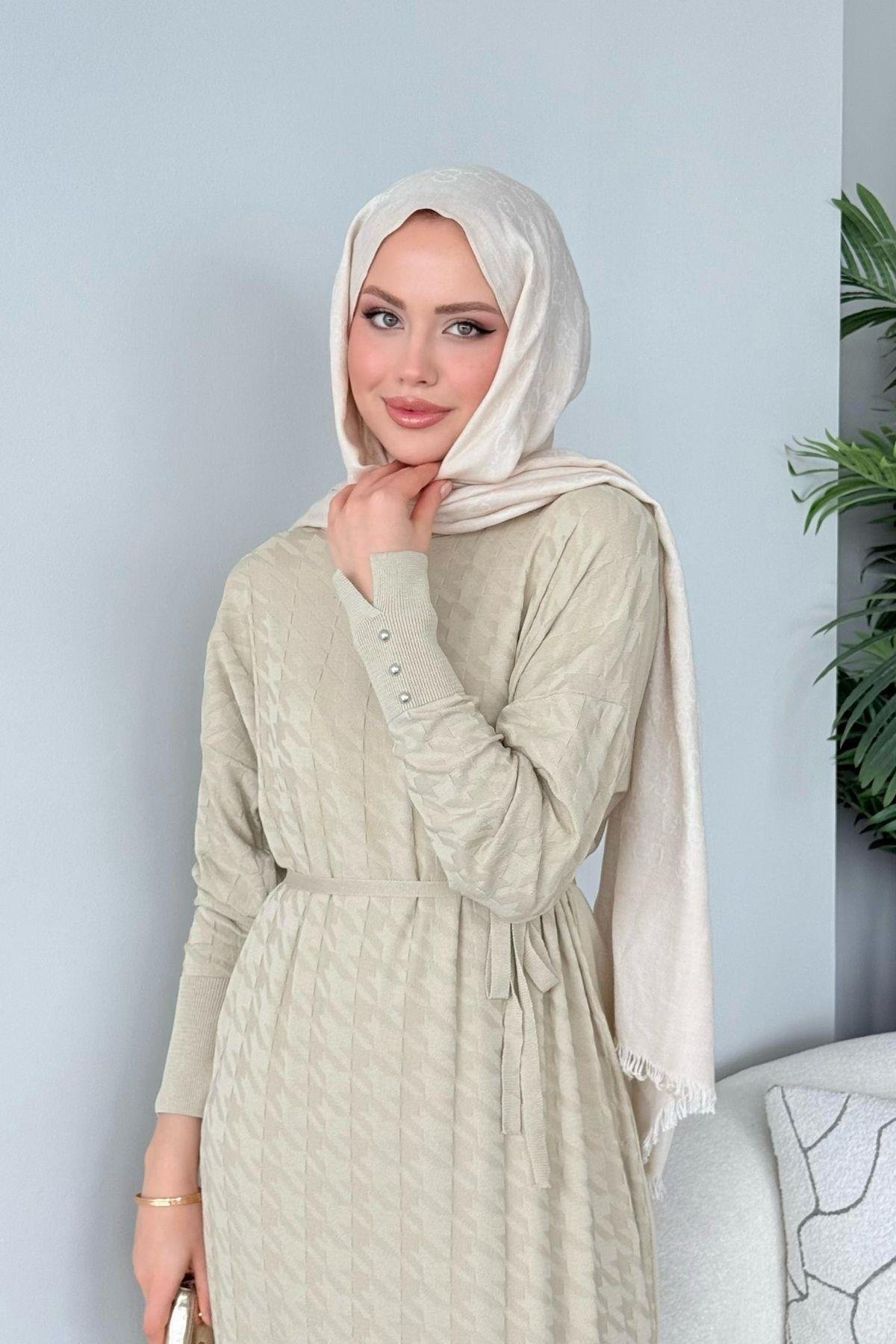 Zımbalı Merserize Elbise Bej, Fiyatları Zımbalı Merserize Elbise Kahve - Haza Moda 