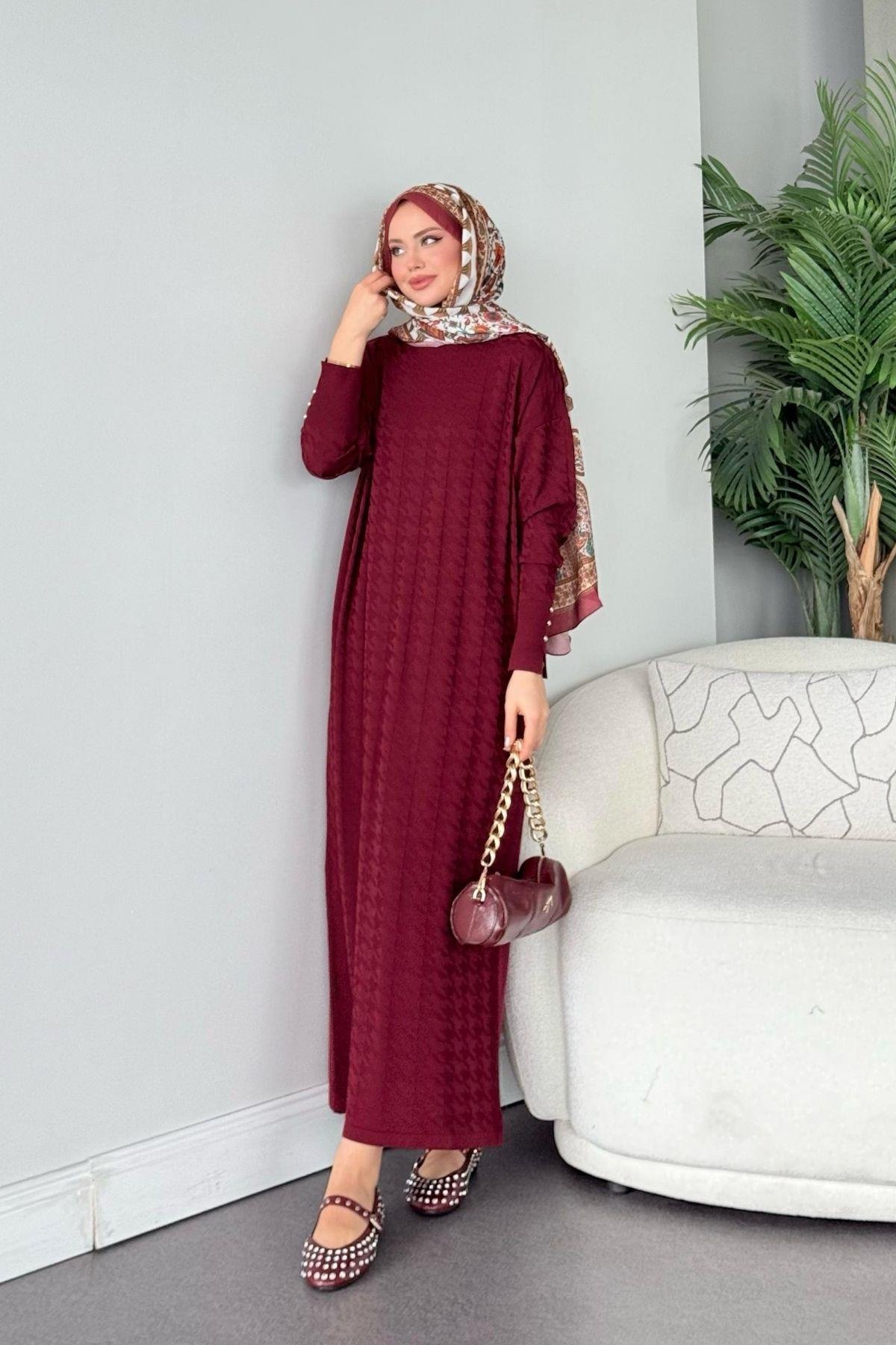 Zımbalı Merserize Elbise Bordo, Fiyatları Zımbalı Merserize Elbise Bordo- Haza Moda 