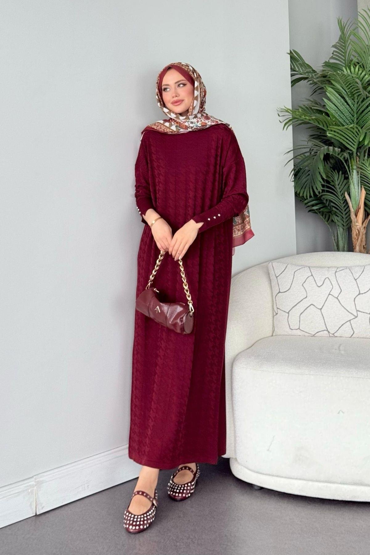 Zımbalı Merserize Elbise Bordo, Fiyatları Zımbalı Merserize Elbise Bordo- Haza Moda 