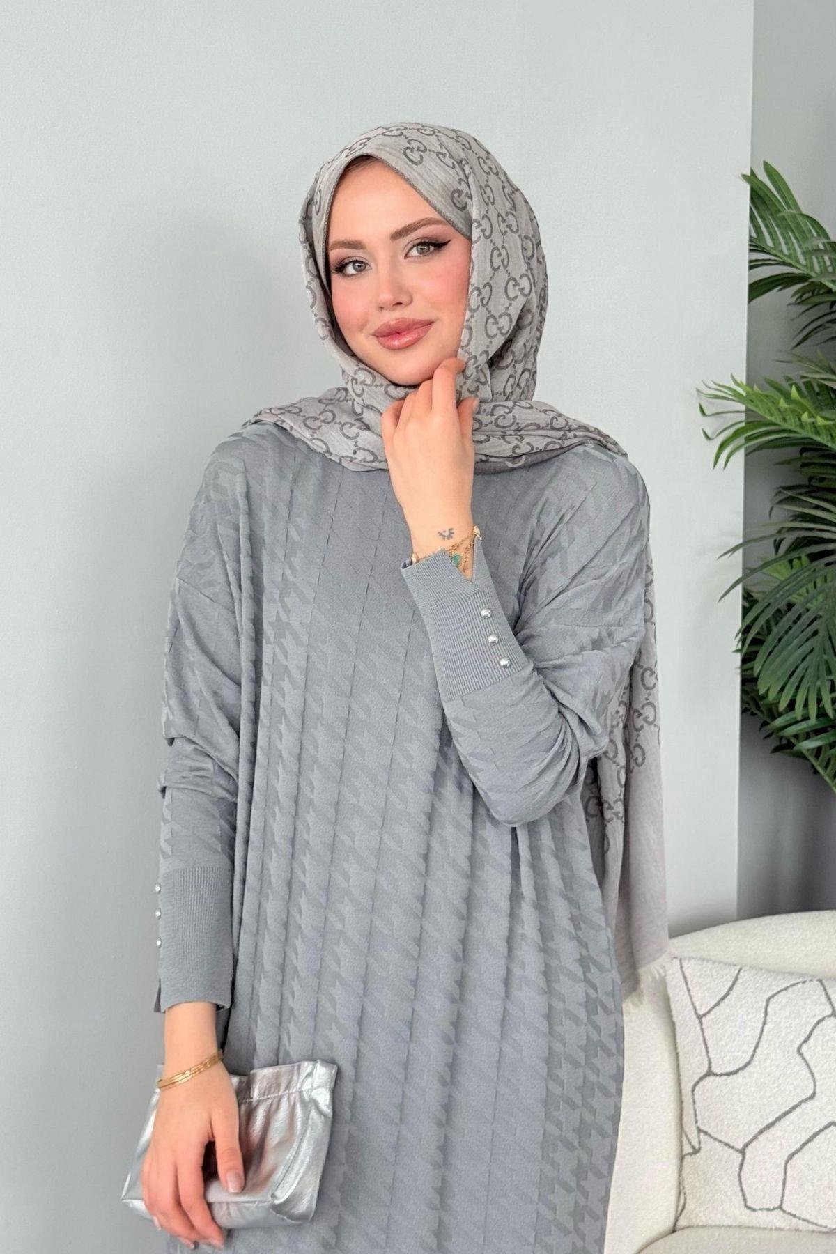 Zımbalı Merserize Elbise Gri, Fiyatları Zımbalı Merserize Elbise Gri- Haza Moda 