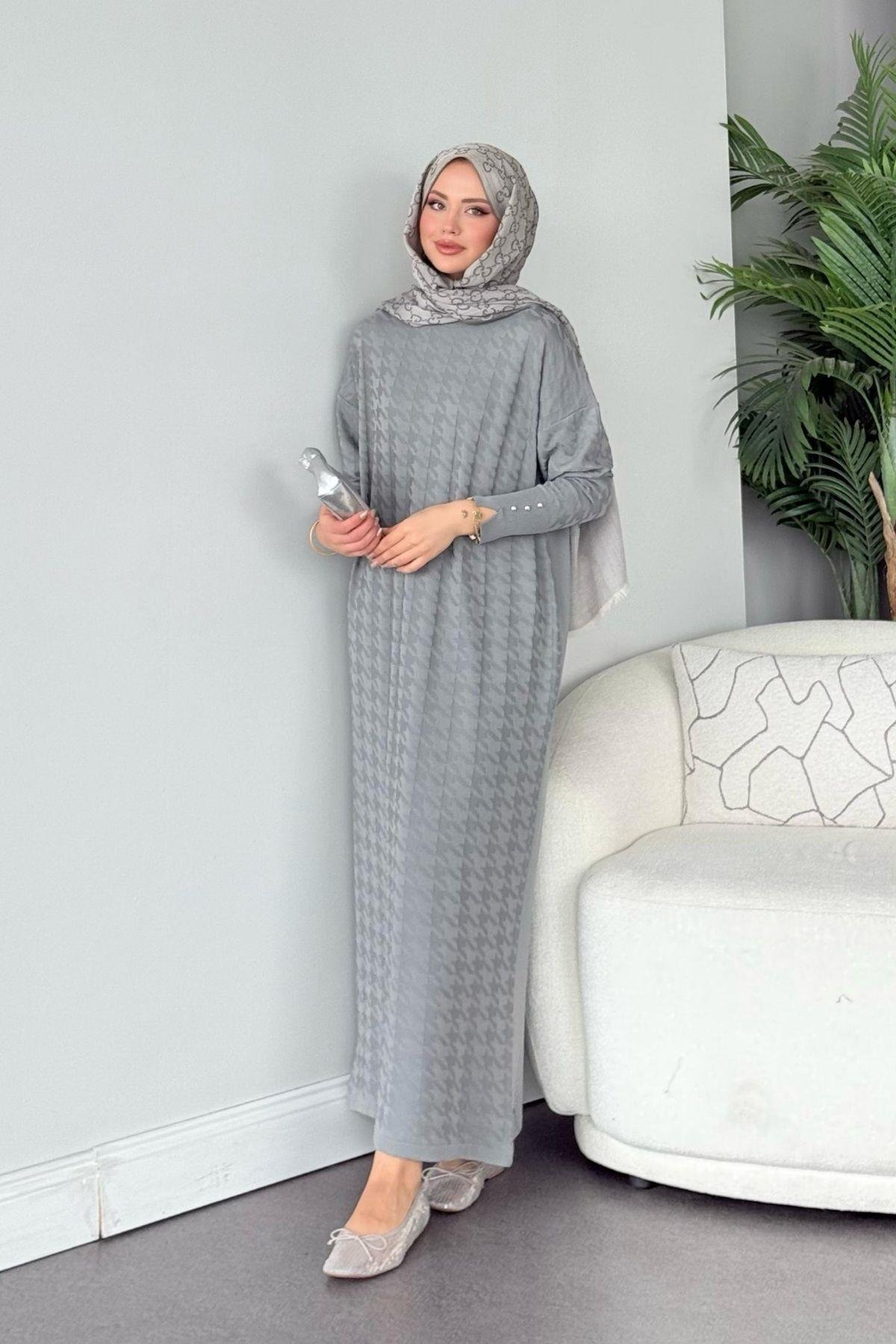 Zımbalı Merserize Elbise Gri, Fiyatları Zımbalı Merserize Elbise Gri- Haza Moda 