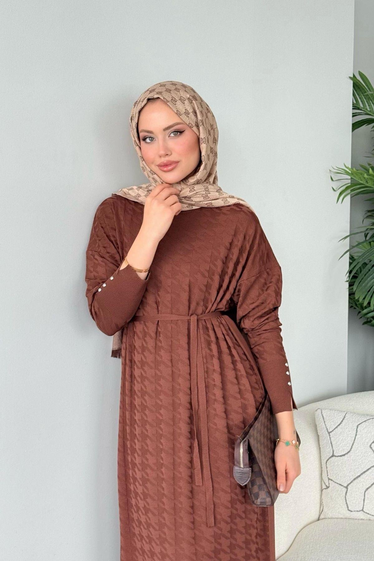 Zımbalı Merserize Elbise Kahve, Fiyatları Zımbalı Merserize Elbise Kahve - Haza Moda 