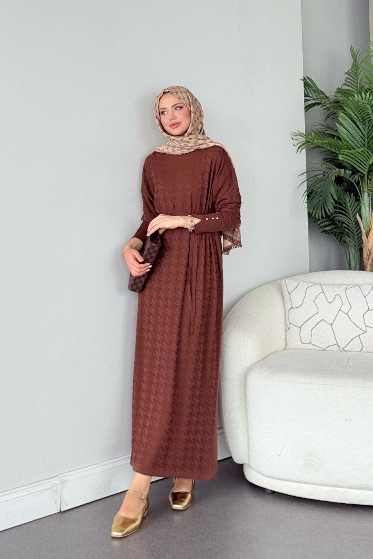 Zımbalı Merserize Elbise Kahve, Fiyatları Zımbalı Merserize Elbise Kahve - Haza Moda 