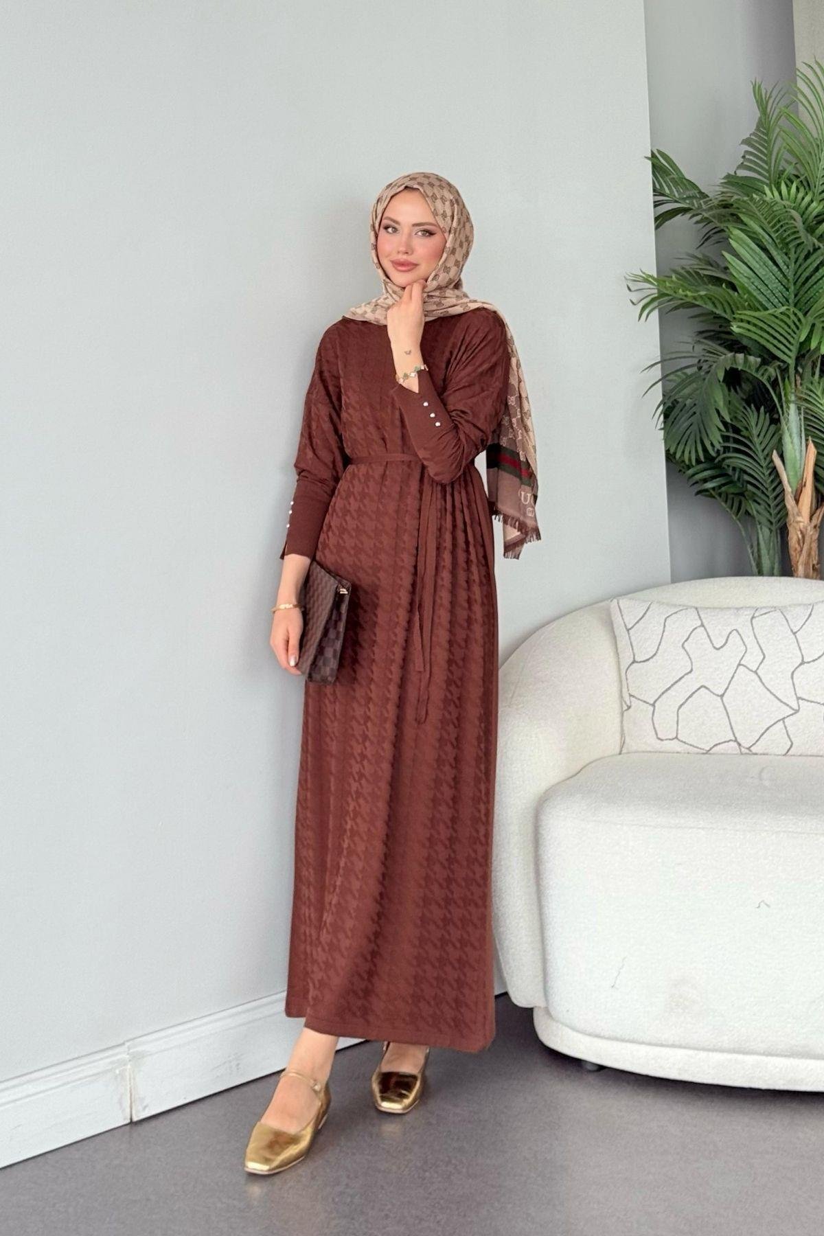 Zımbalı Merserize Elbise Kahve, Fiyatları Zımbalı Merserize Elbise Kahve - Haza Moda 