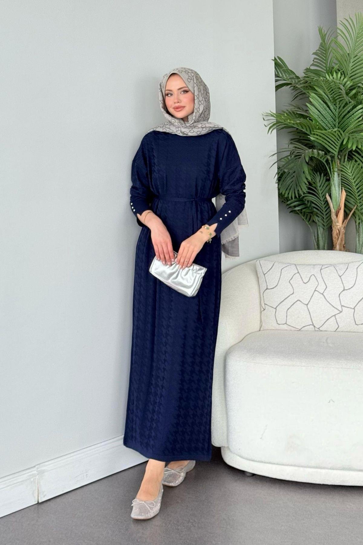 Zımbalı Merserize Elbise Lacivert, Fiyatları Zımbalı Merserize Elbise Lacivert- Haza Moda 