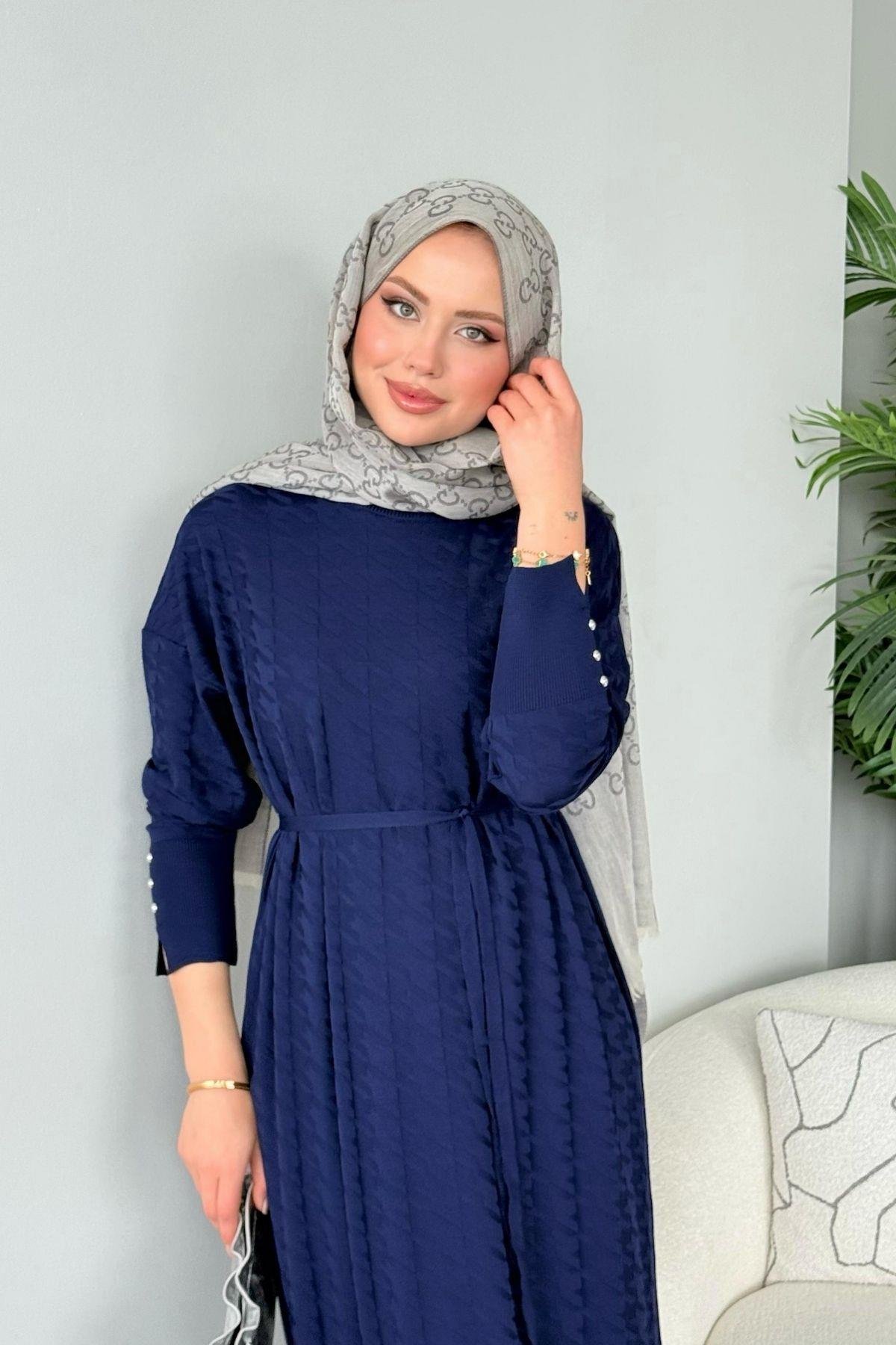 Zımbalı Merserize Elbise Lacivert, Fiyatları Zımbalı Merserize Elbise Lacivert- Haza Moda 