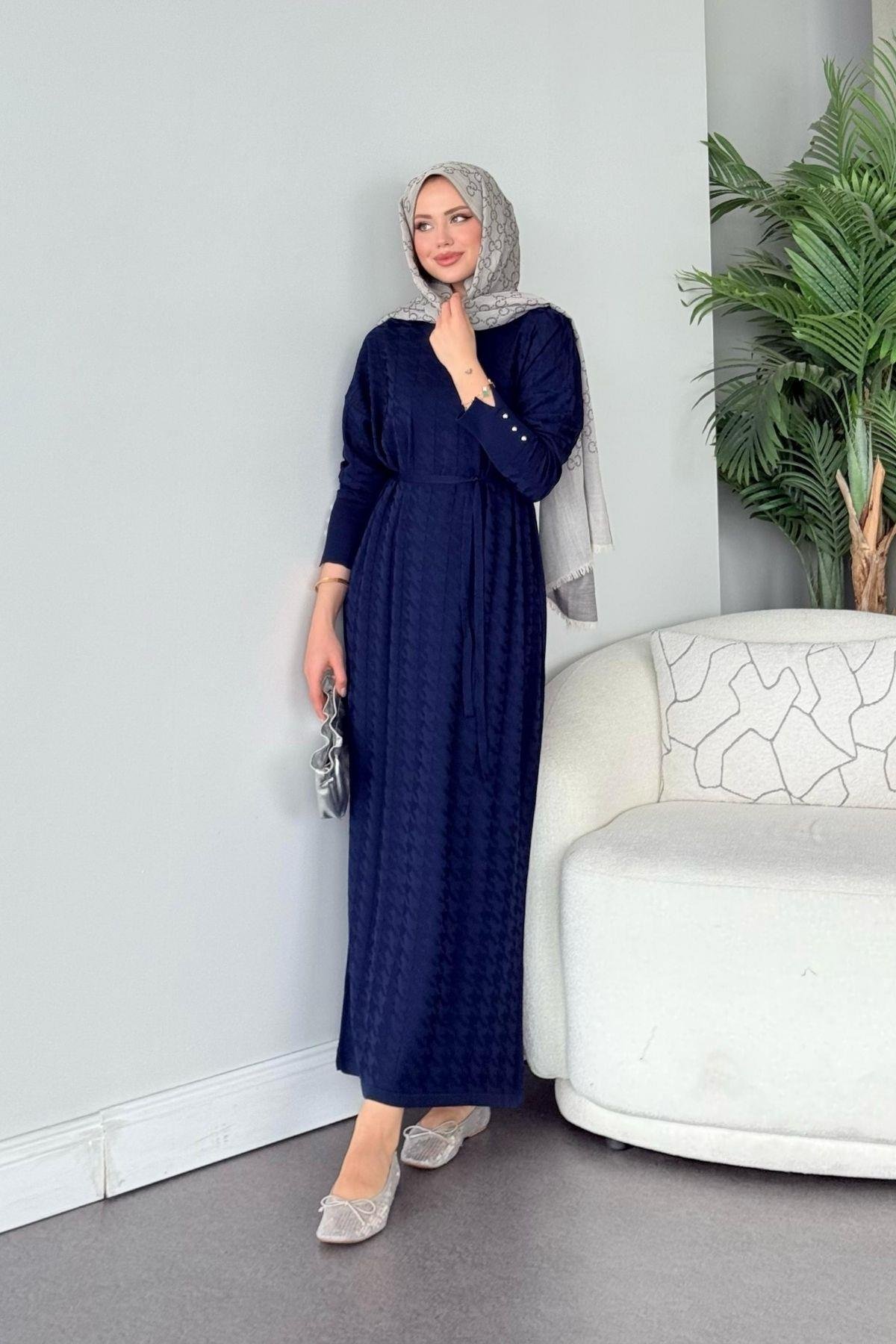 Zımbalı Merserize Elbise Lacivert, Fiyatları Zımbalı Merserize Elbise Lacivert- Haza Moda 