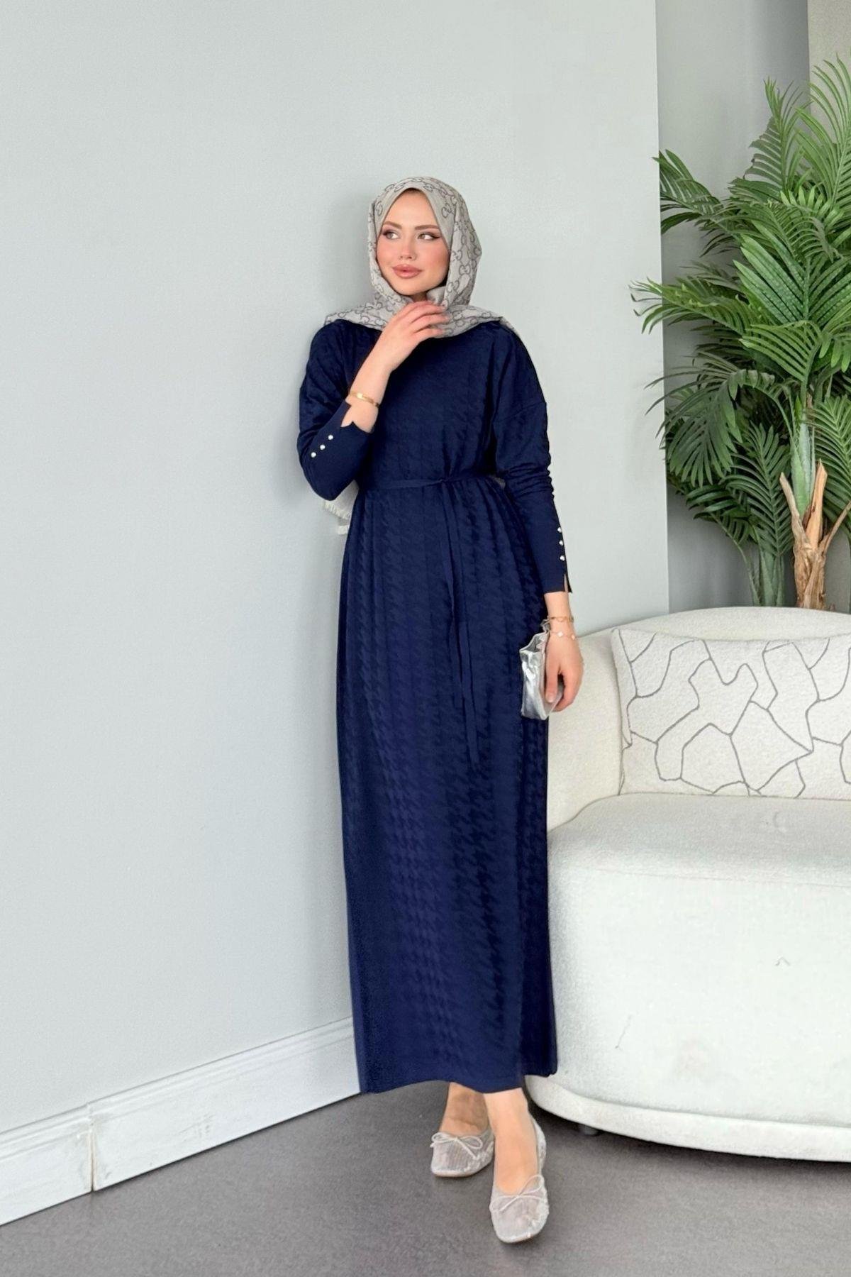 Zımbalı Merserize Elbise Lacivert, Fiyatları Zımbalı Merserize Elbise Lacivert- Haza Moda 