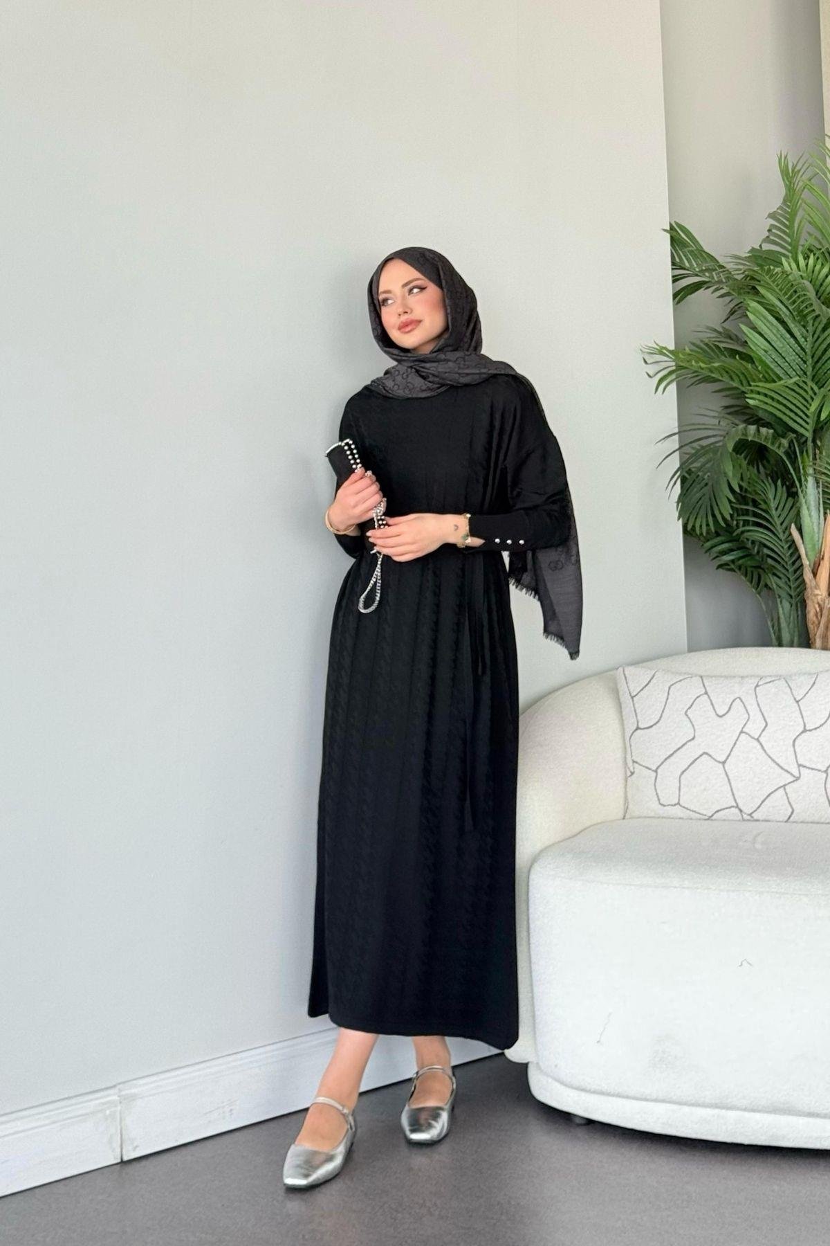 Zımbalı Merserize Elbise Siyah, Fiyatları Zımbalı Merserize Elbise Siyah- Haza Moda 