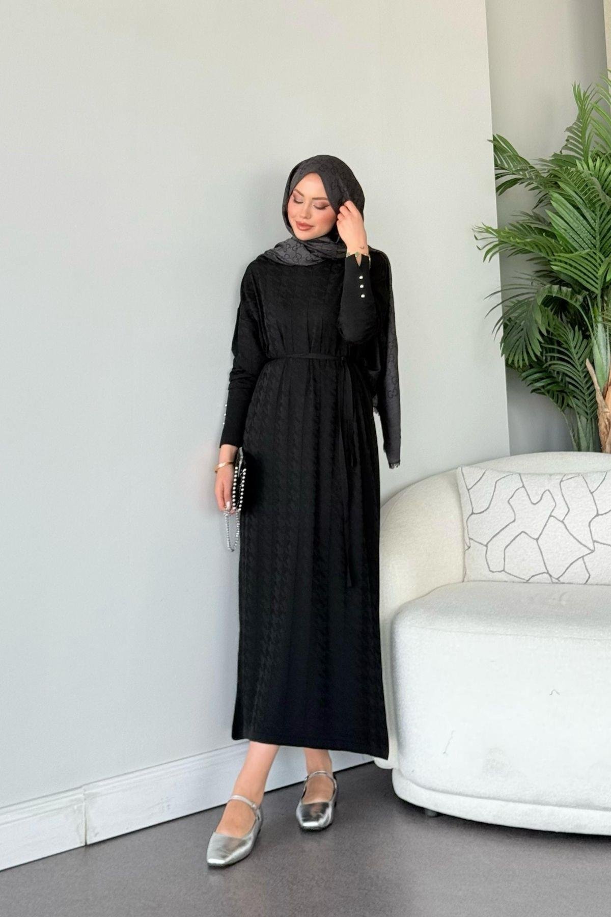 Zımbalı Merserize Elbise Siyah, Fiyatları Zımbalı Merserize Elbise Siyah- Haza Moda 