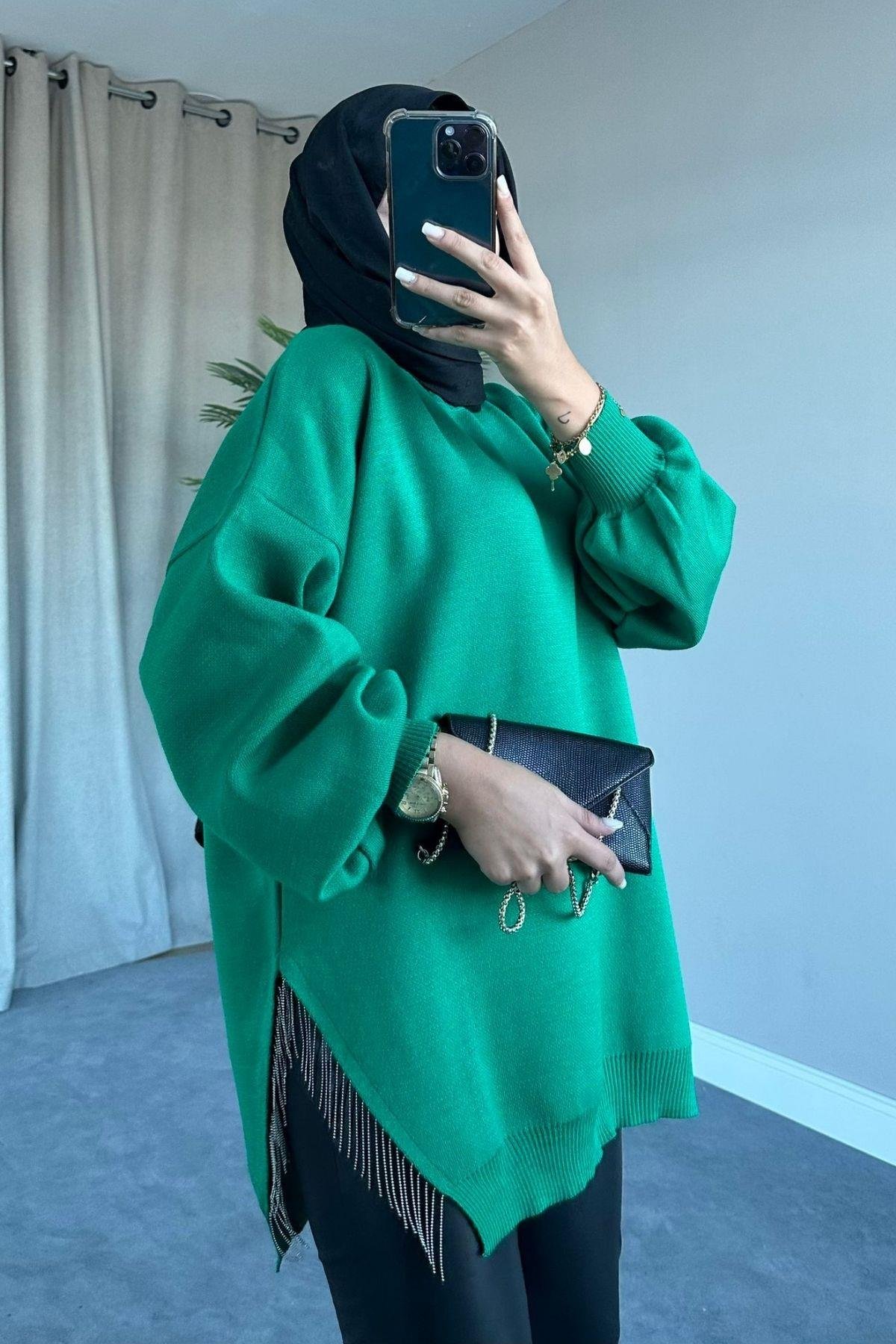 Zincir Triko Kazak Yeşil, Fiyatları Zincir Triko Kazak Yeşil – Haza Moda | Tesettür Giyim