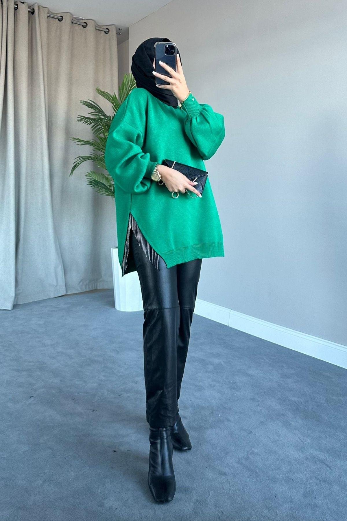 Zincir Triko Kazak Yeşil, Fiyatları Zincir Triko Kazak Yeşil – Haza Moda | Tesettür Giyim