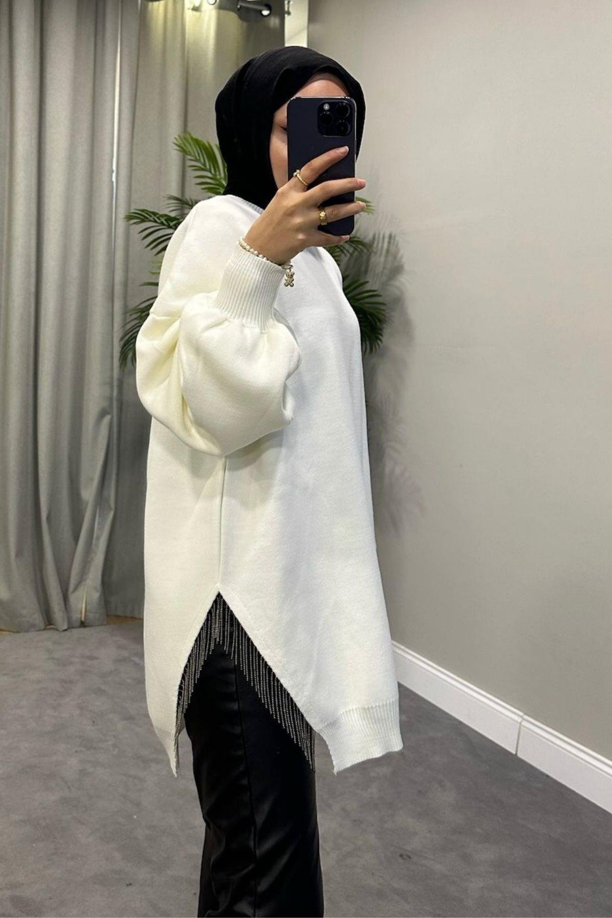 Zincir Triko Kazak Beyaz, Fiyatları Zincir Triko Kazak Beyaz – Haza Moda | Tesettür Giyim