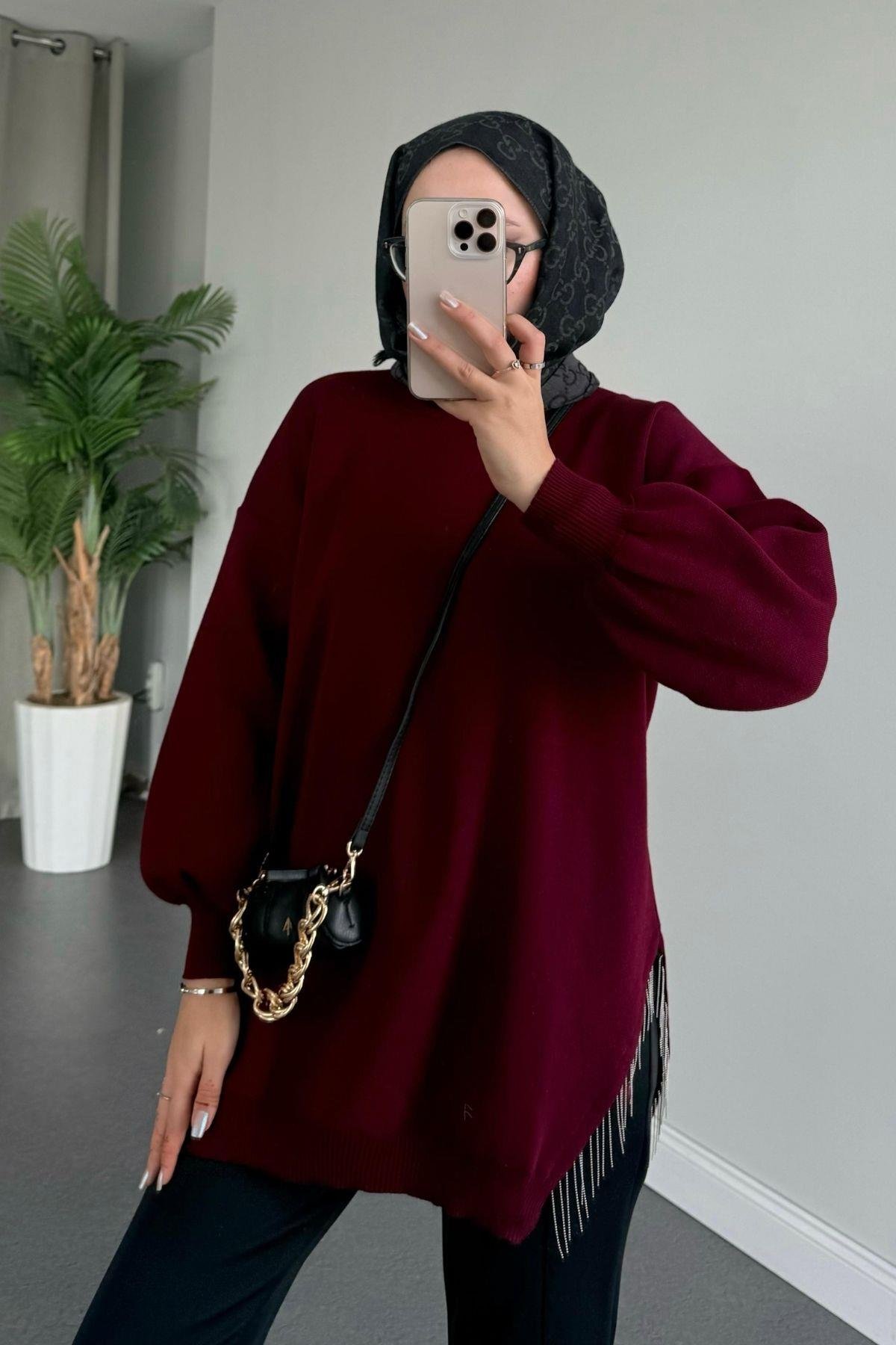 Zincir Triko Kazak Bordo, Fiyatları Haza Moda | Tesettür Giyim | Zincir Triko Kazak Bordo