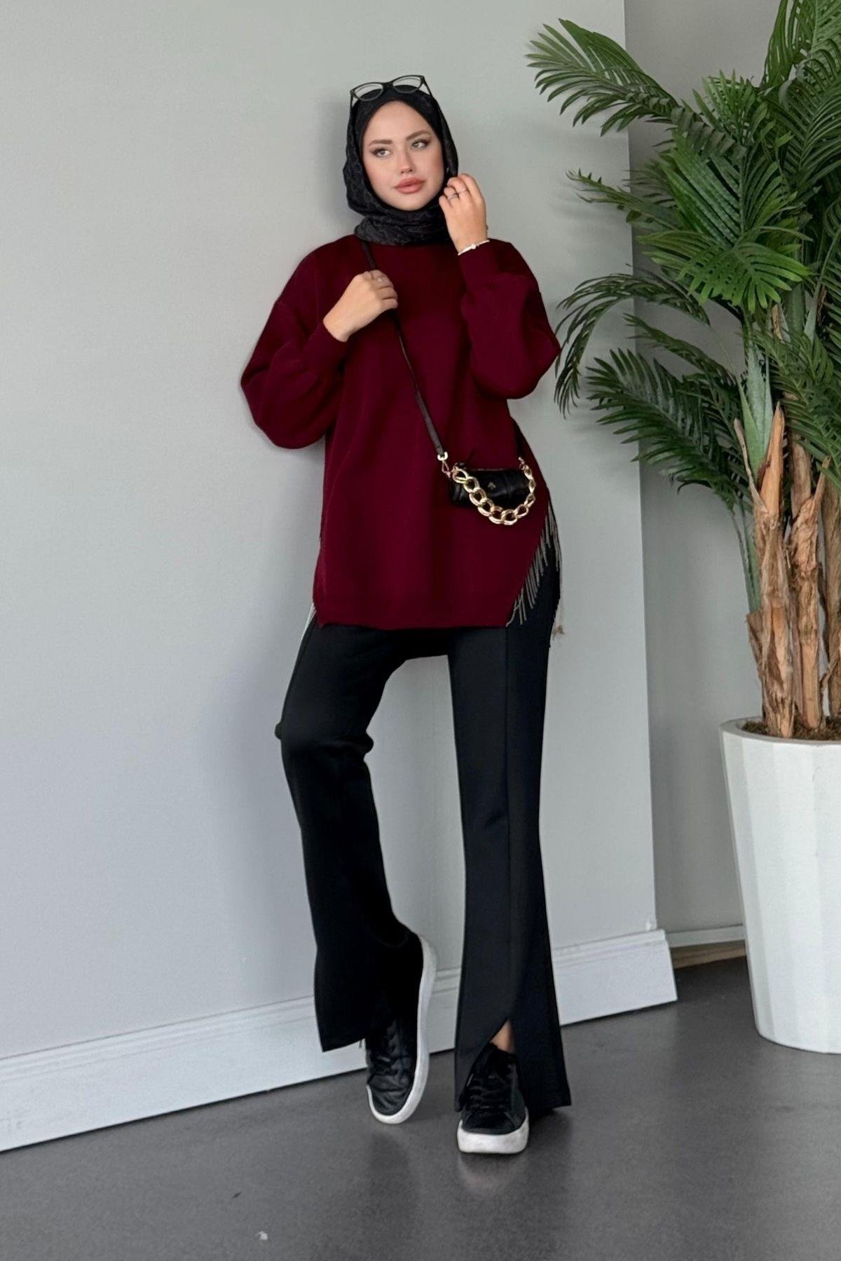 Zincir Triko Kazak Bordo, Fiyatları Haza Moda | Tesettür Giyim | Zincir Triko Kazak Bordo