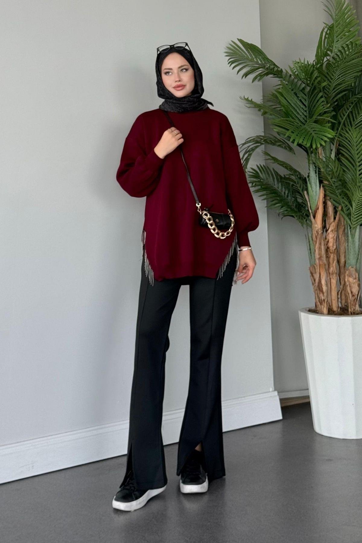 Zincir Triko Kazak Bordo, Fiyatları Haza Moda | Tesettür Giyim | Zincir Triko Kazak Bordo