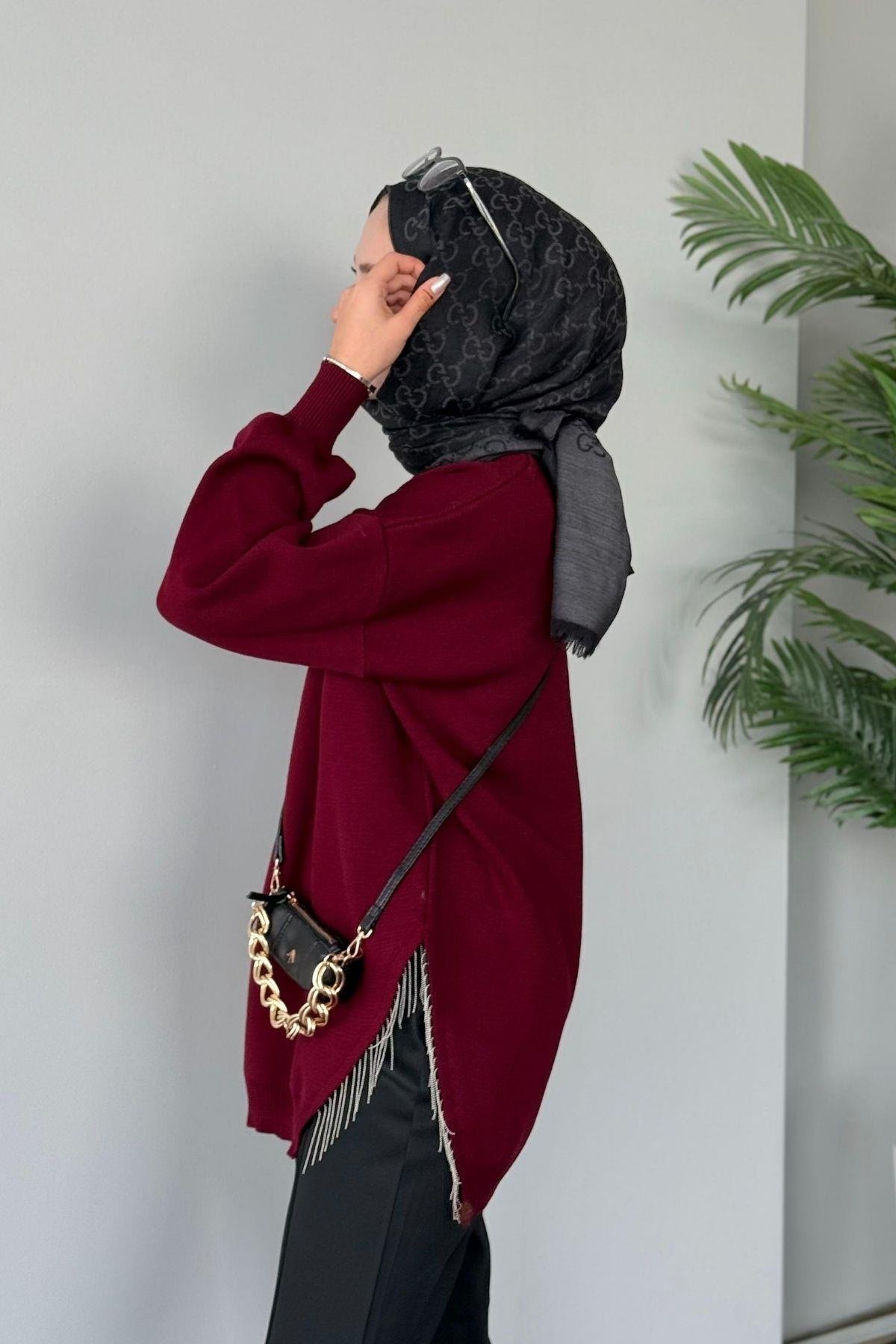 Zincir Triko Kazak Bordo, Fiyatları Haza Moda | Tesettür Giyim | Zincir Triko Kazak Bordo