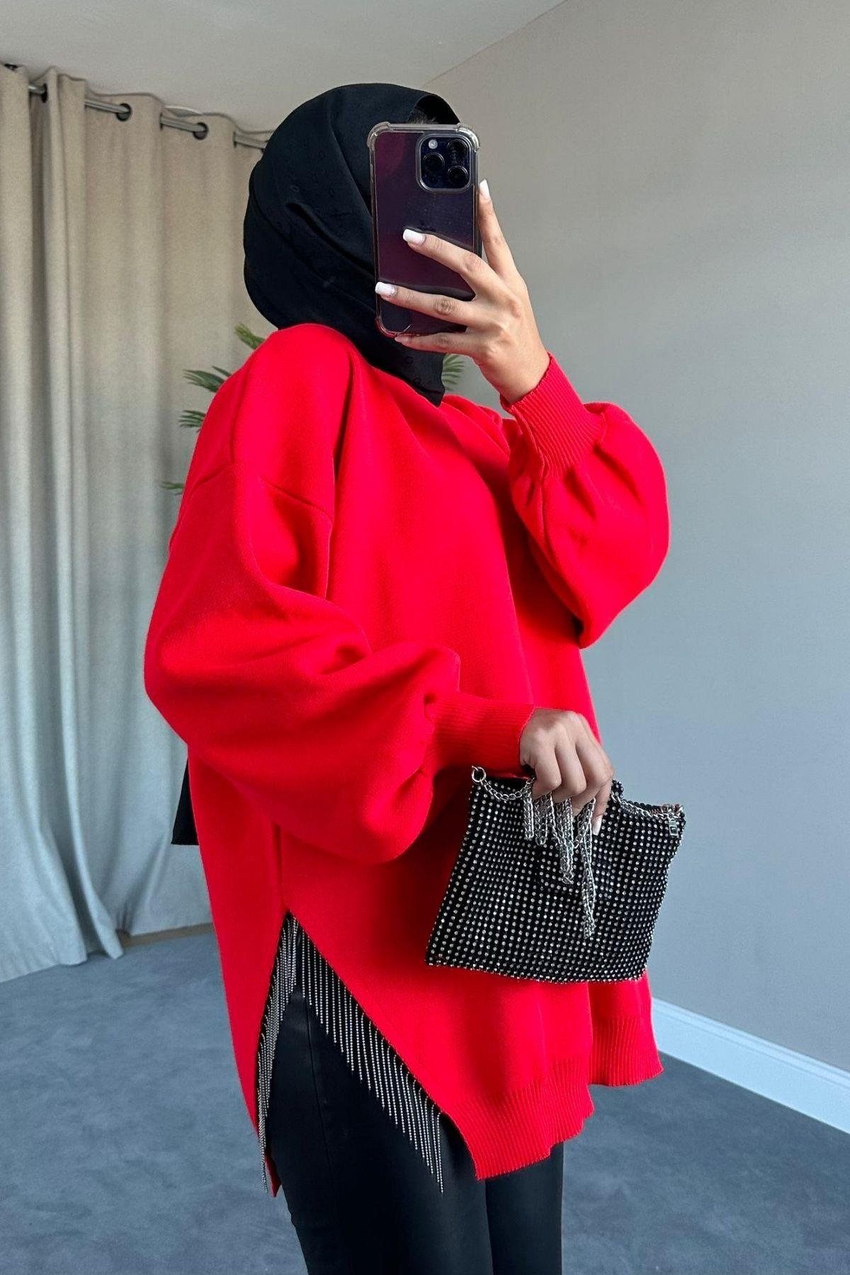 Zincir Triko Kazak Kırmızı, Fiyatları Zincir Triko Kazak Kırmızı – Haza Moda | Tesettür Giyim