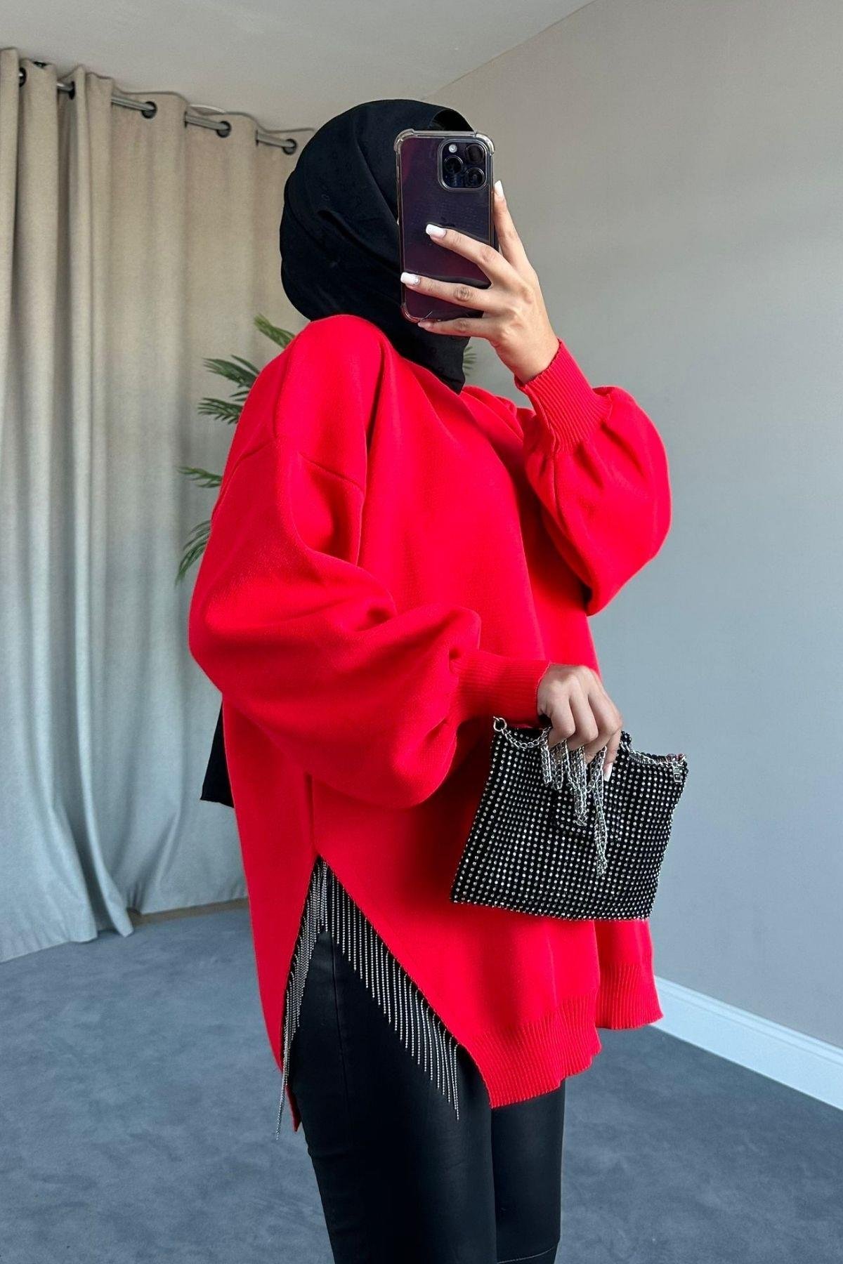 Zincir Triko Kazak Kırmızı, Fiyatları Zincir Triko Kazak Kırmızı – Haza Moda | Tesettür Giyim