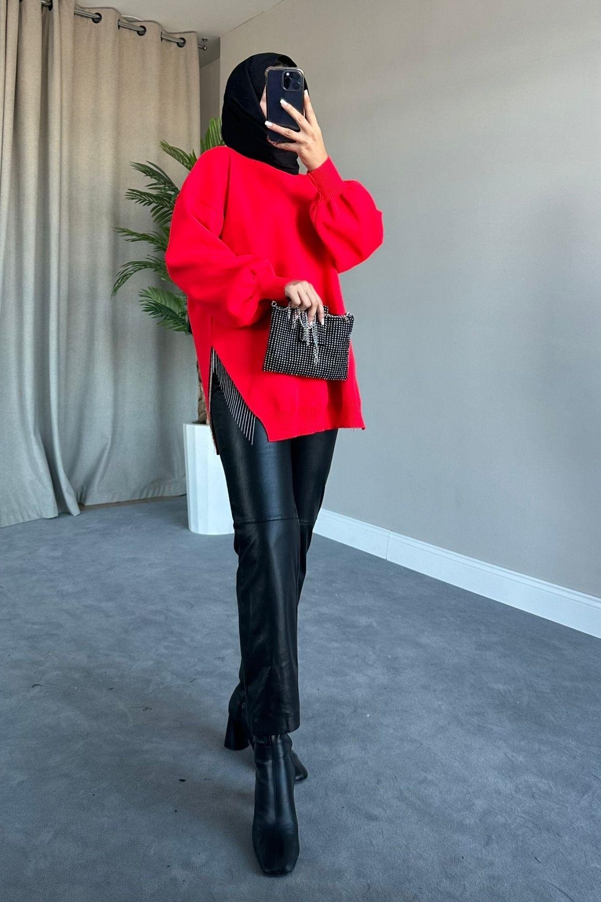 Zincir Triko Kazak Kırmızı, Fiyatları Zincir Triko Kazak Kırmızı – Haza Moda | Tesettür Giyim