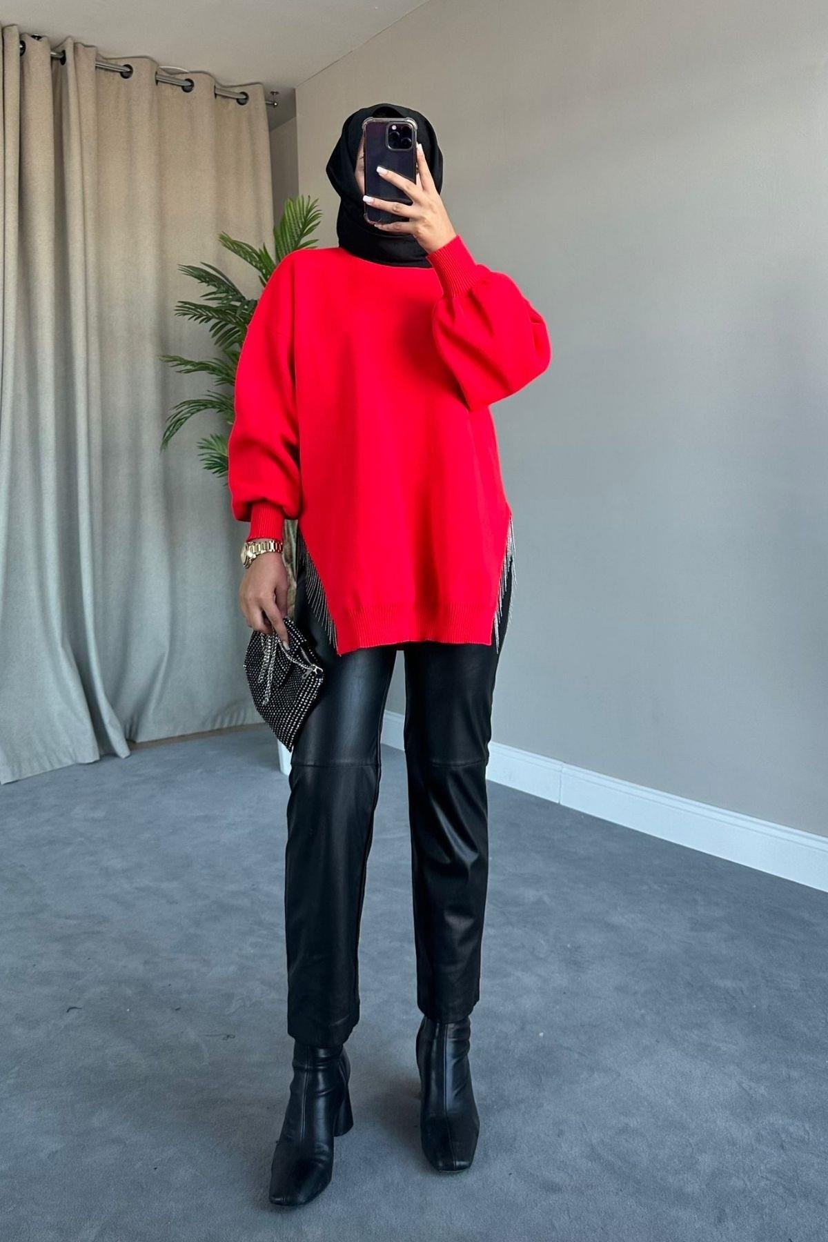 Zincir Triko Kazak Kırmızı, Fiyatları Zincir Triko Kazak Kırmızı – Haza Moda | Tesettür Giyim