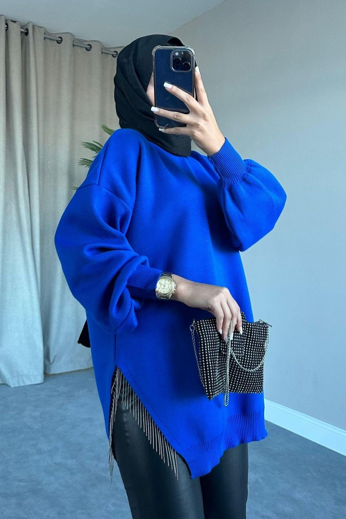 Zincir Triko Kazak Saks, Fiyatları Zincir Triko Kazak Saks – Haza Moda | Tesettür Giyim