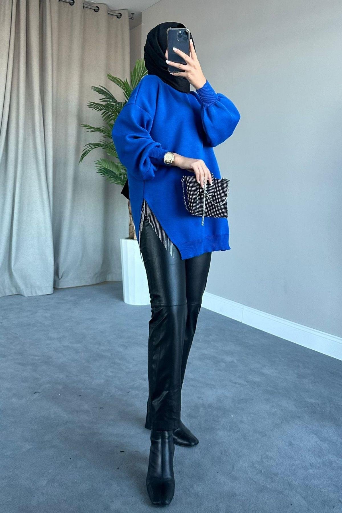 Zincir Triko Kazak Saks, Fiyatları Zincir Triko Kazak Saks – Haza Moda | Tesettür Giyim