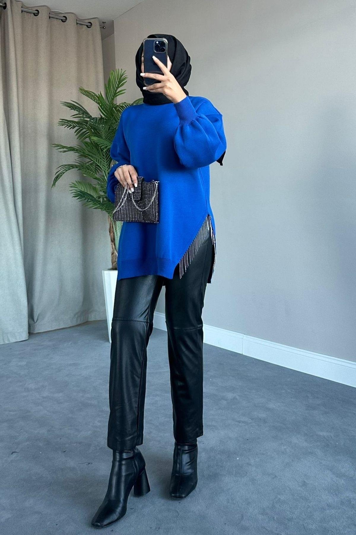 Zincir Triko Kazak Saks, Fiyatları Zincir Triko Kazak Saks – Haza Moda | Tesettür Giyim