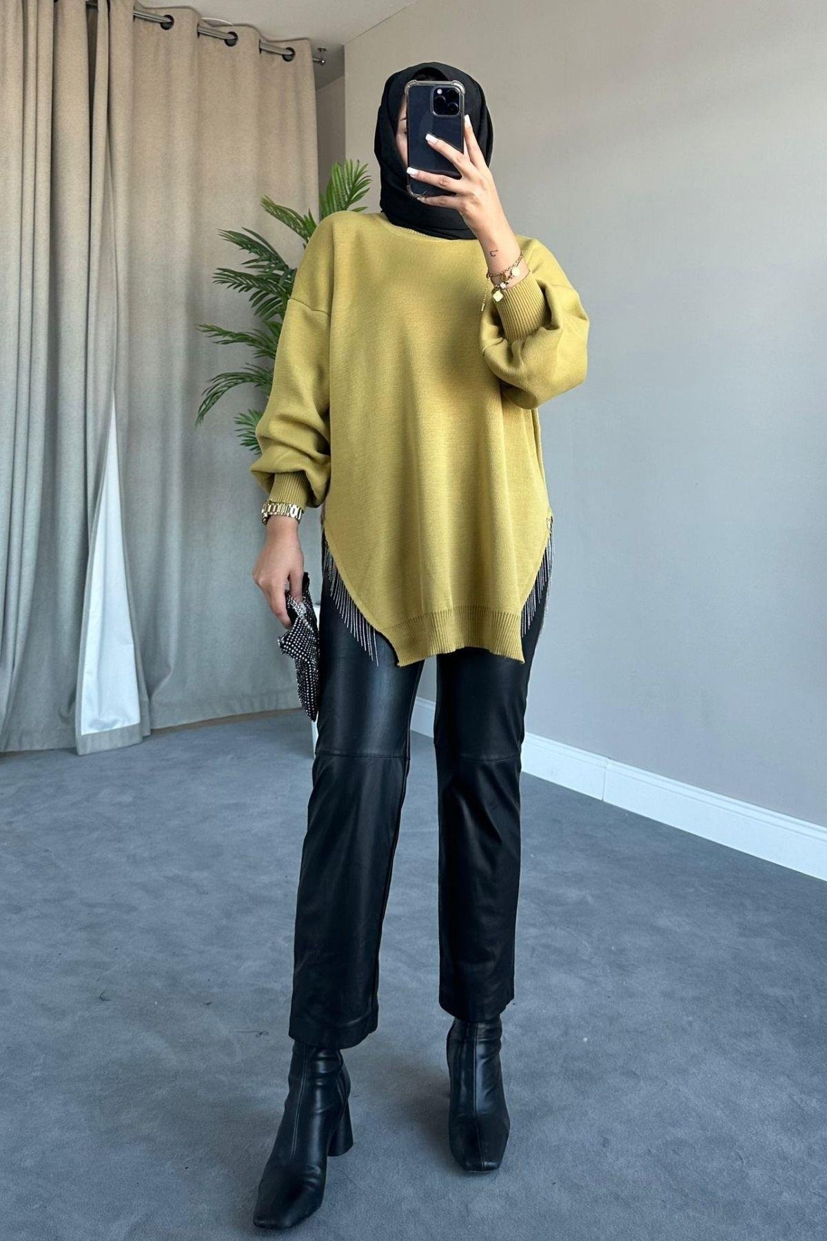 Zincir Triko Kazak Yağyeşili, Fiyatları Zincir Triko Kazak Yağyeşili – Haza Moda | Tesettür Giyim