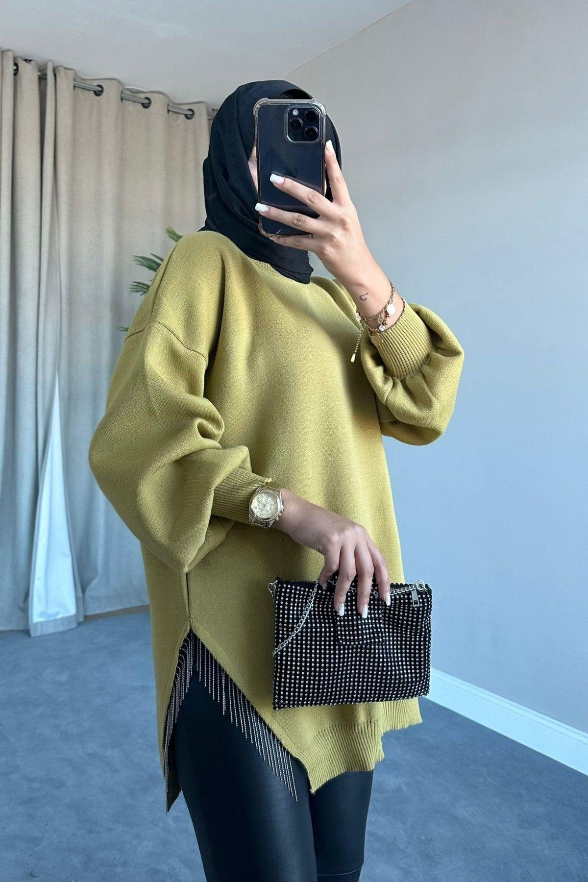 Zincir Triko Kazak Yağyeşili, Fiyatları Zincir Triko Kazak Yağyeşili – Haza Moda | Tesettür Giyim