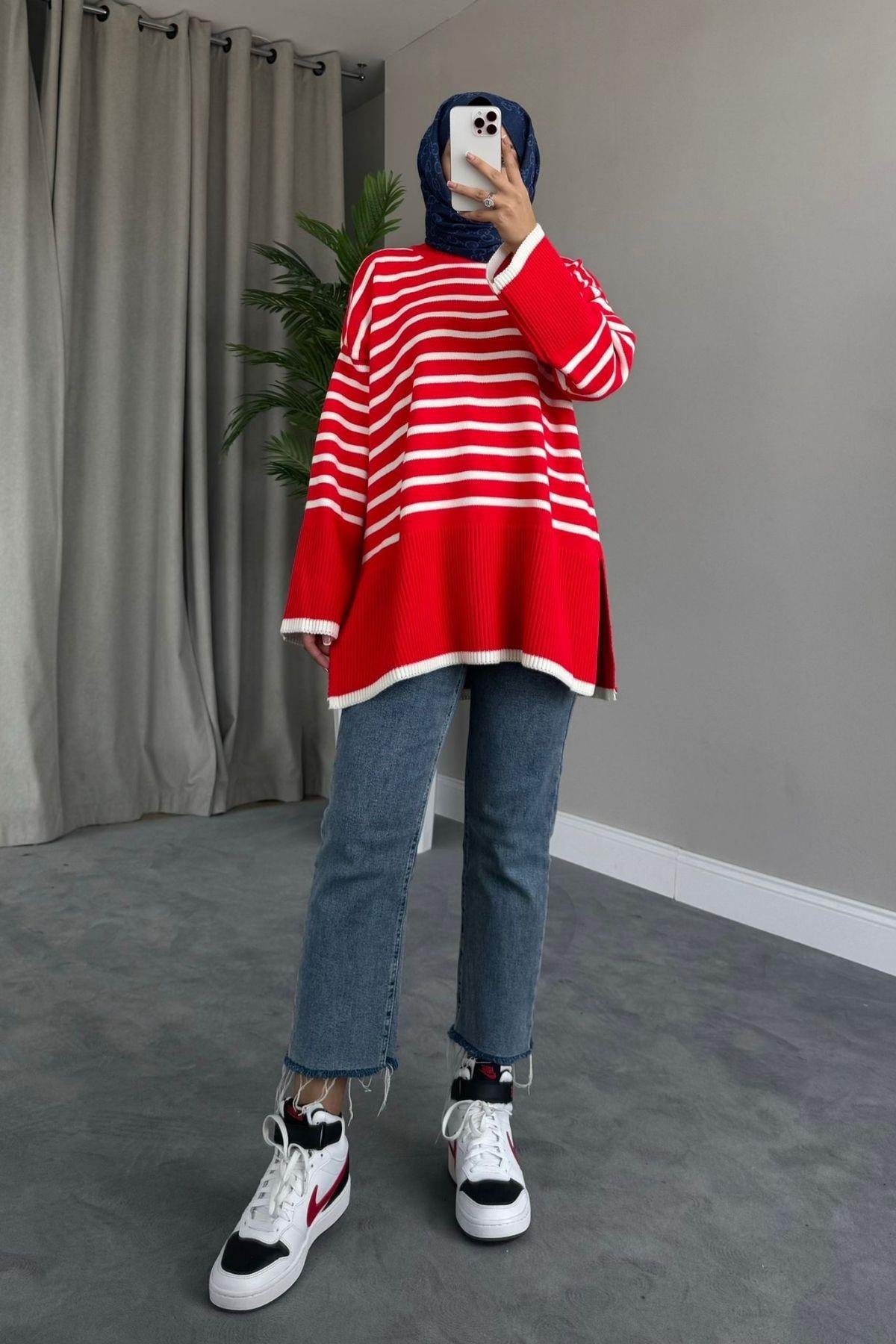 ZR Çizgili Triko Kazak Kırmızı, Fiyatları 