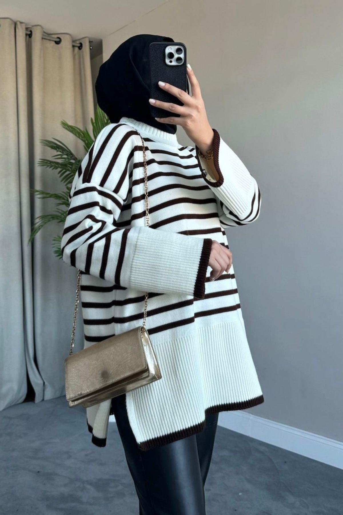 ZR Çizgili Triko Kazak Şerit Kahve, Fiyatları ZR Çizgili Triko Kazak Acıkahve – Haza Moda | Tesettür Giyim