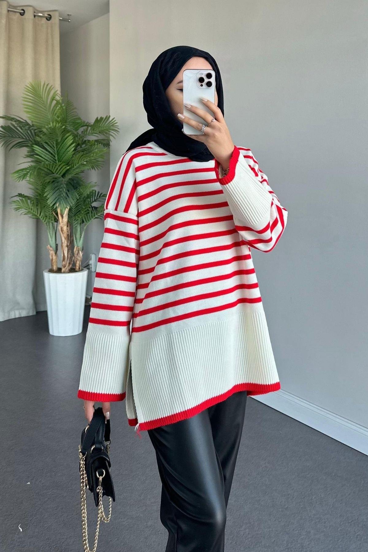 Zr Striped Knitwear Sweater Strip Red, Fiyatları Zr Striped Knitwear Sweater Red - Haza Fashion | Hijab Clothing