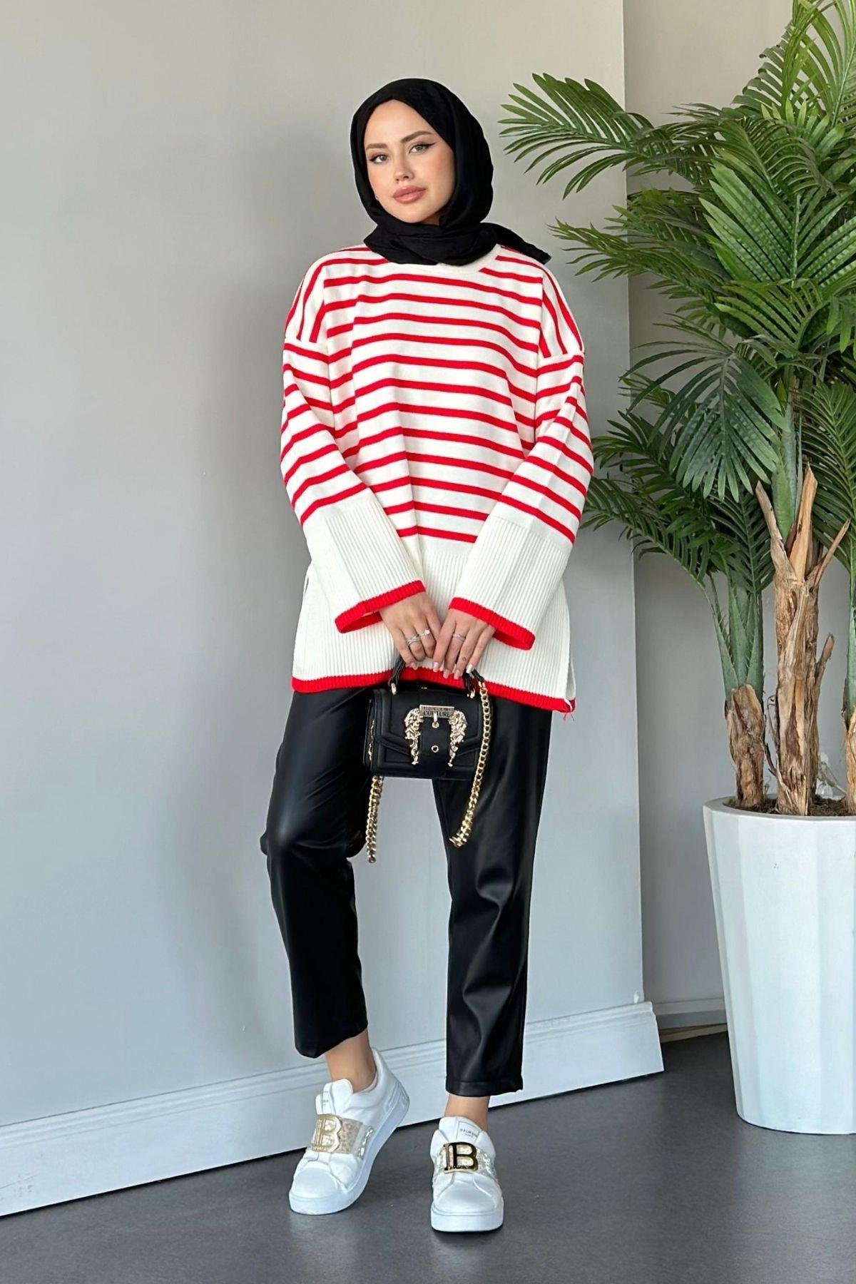 Zr Striped Knitwear Sweater Strip Red, Fiyatları Zr Striped Knitwear Sweater Red - Haza Fashion | Hijab Clothing