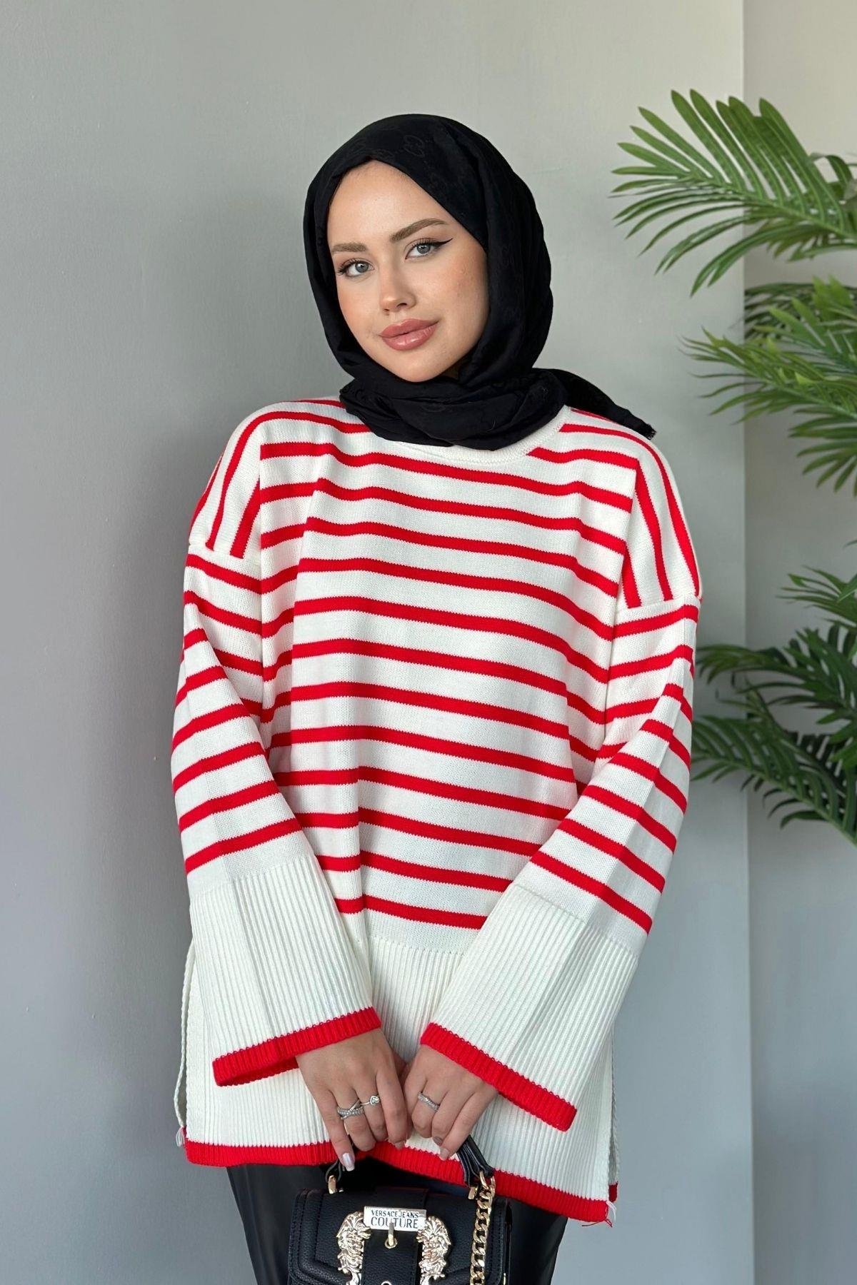 Zr Striped Knitwear Sweater Strip Red, Fiyatları Zr Striped Knitwear Sweater Red - Haza Fashion | Hijab Clothing