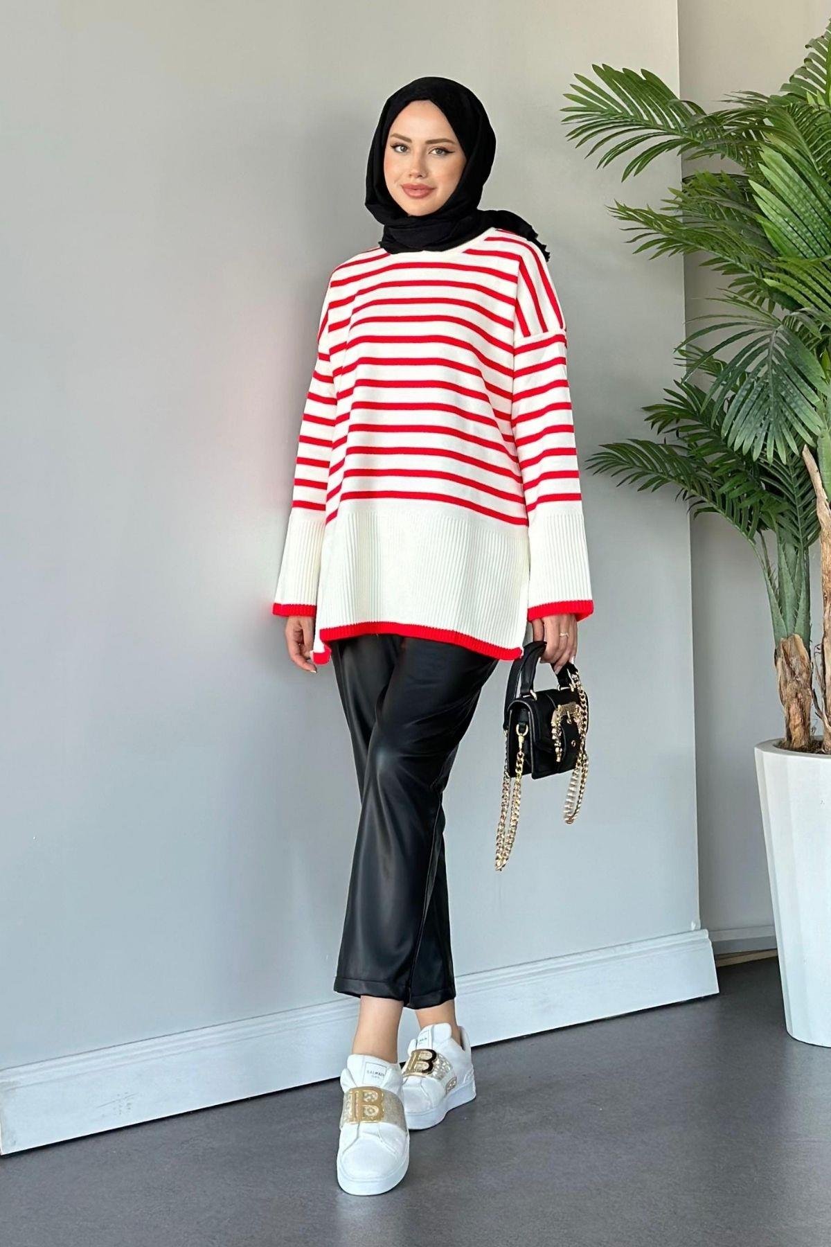 Zr Striped Knitwear Sweater Strip Red, Fiyatları Zr Striped Knitwear Sweater Red - Haza Fashion | Hijab Clothing