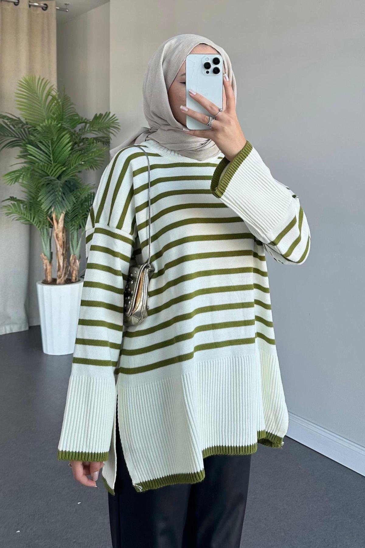 Zr Striped Knitwear Sweater Green, Fiyatları 