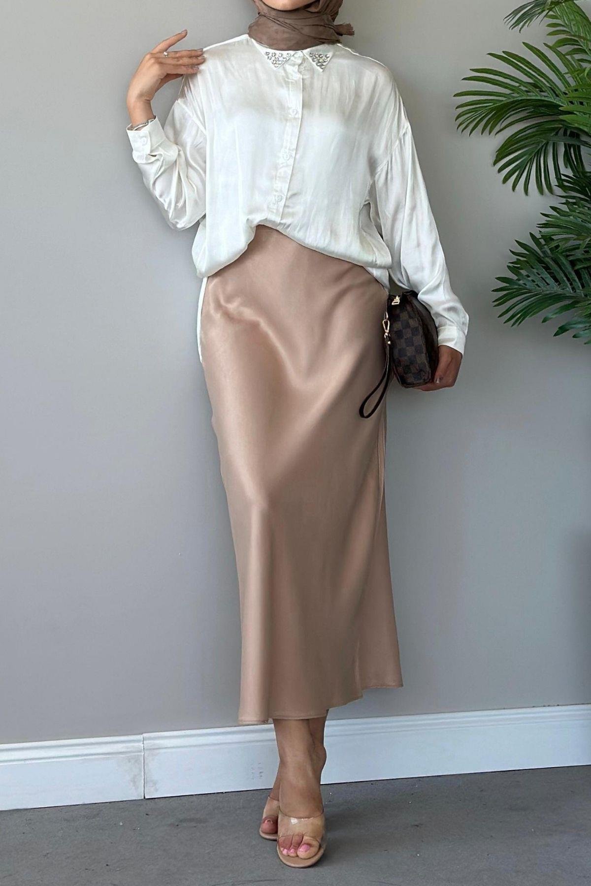 Zra Saten Etek Camel, Fiyatları Haza Moda | Tesettür Giyim | Zra Saten Etek Camel