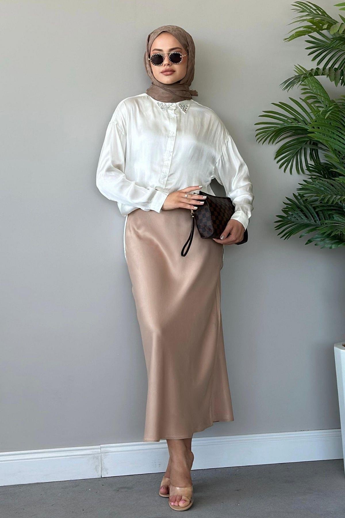 Zra Saten Etek Camel, Fiyatları Haza Moda | Tesettür Giyim | Zra Saten Etek Camel