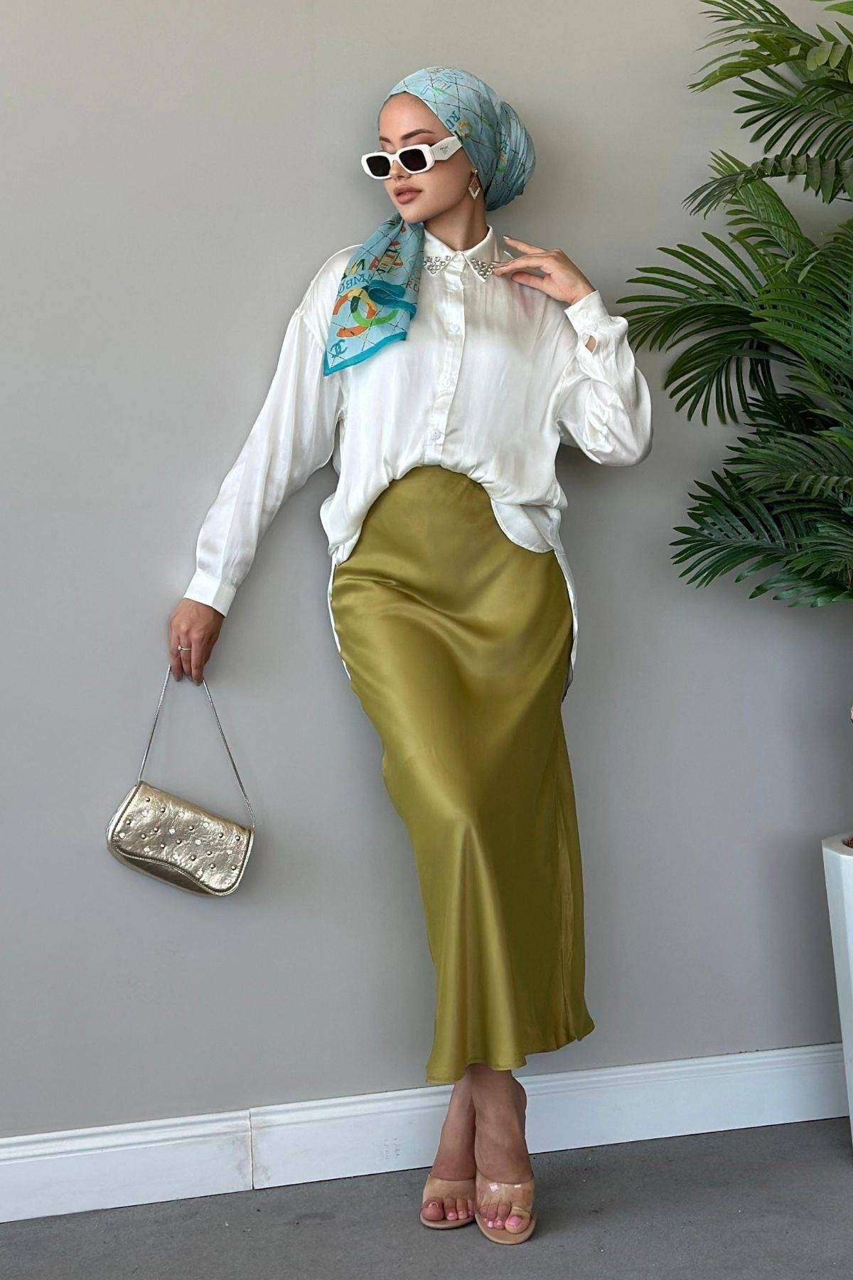 Zra Saten Etek Yağyeşili, Fiyatları Haza Moda | Tesettür Giyim | Zra Saten Etek Yağyeşili