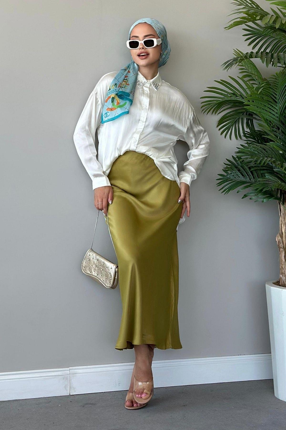 Zra Saten Etek Yağyeşili, Fiyatları Haza Moda | Tesettür Giyim | Zra Saten Etek Yağyeşili