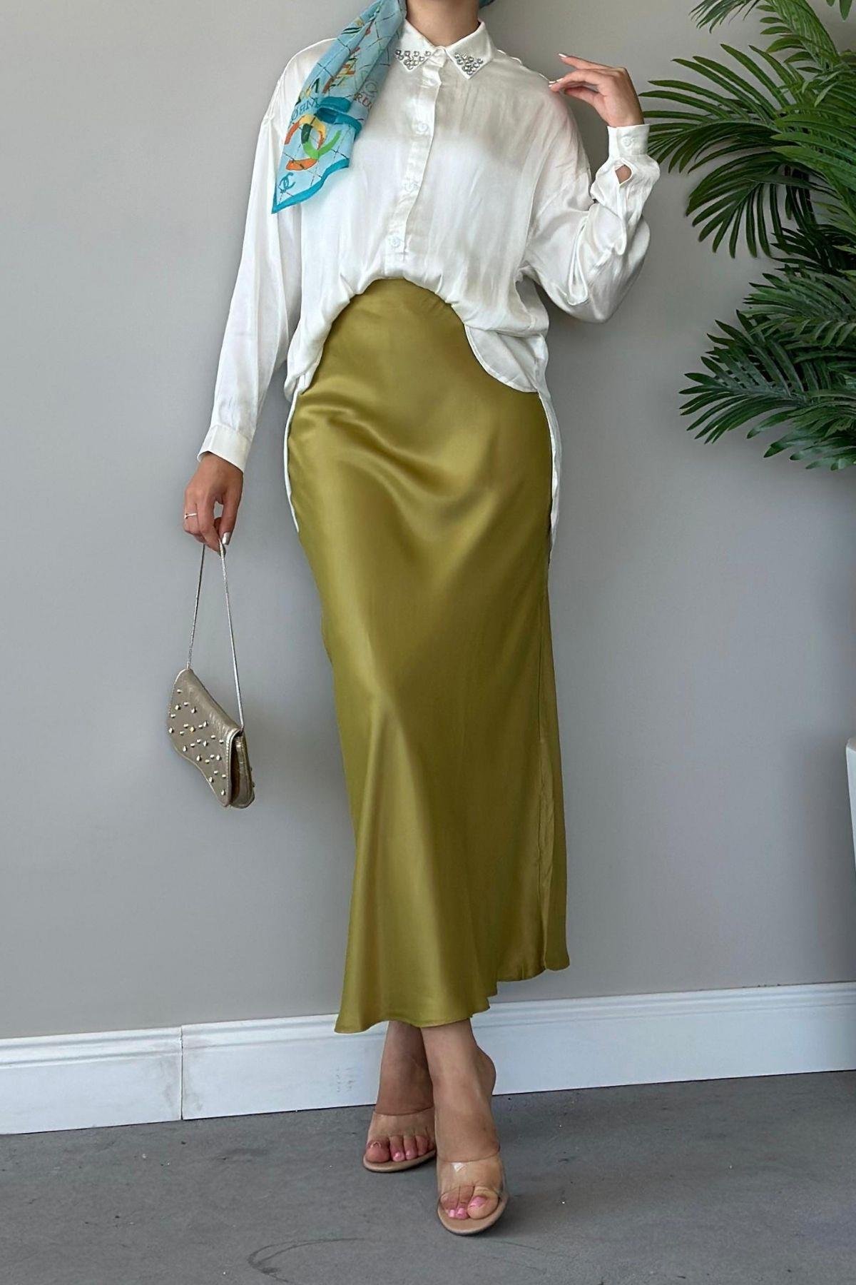 Zra Saten Etek Yağyeşili, Fiyatları Haza Moda | Tesettür Giyim | Zra Saten Etek Yağyeşili