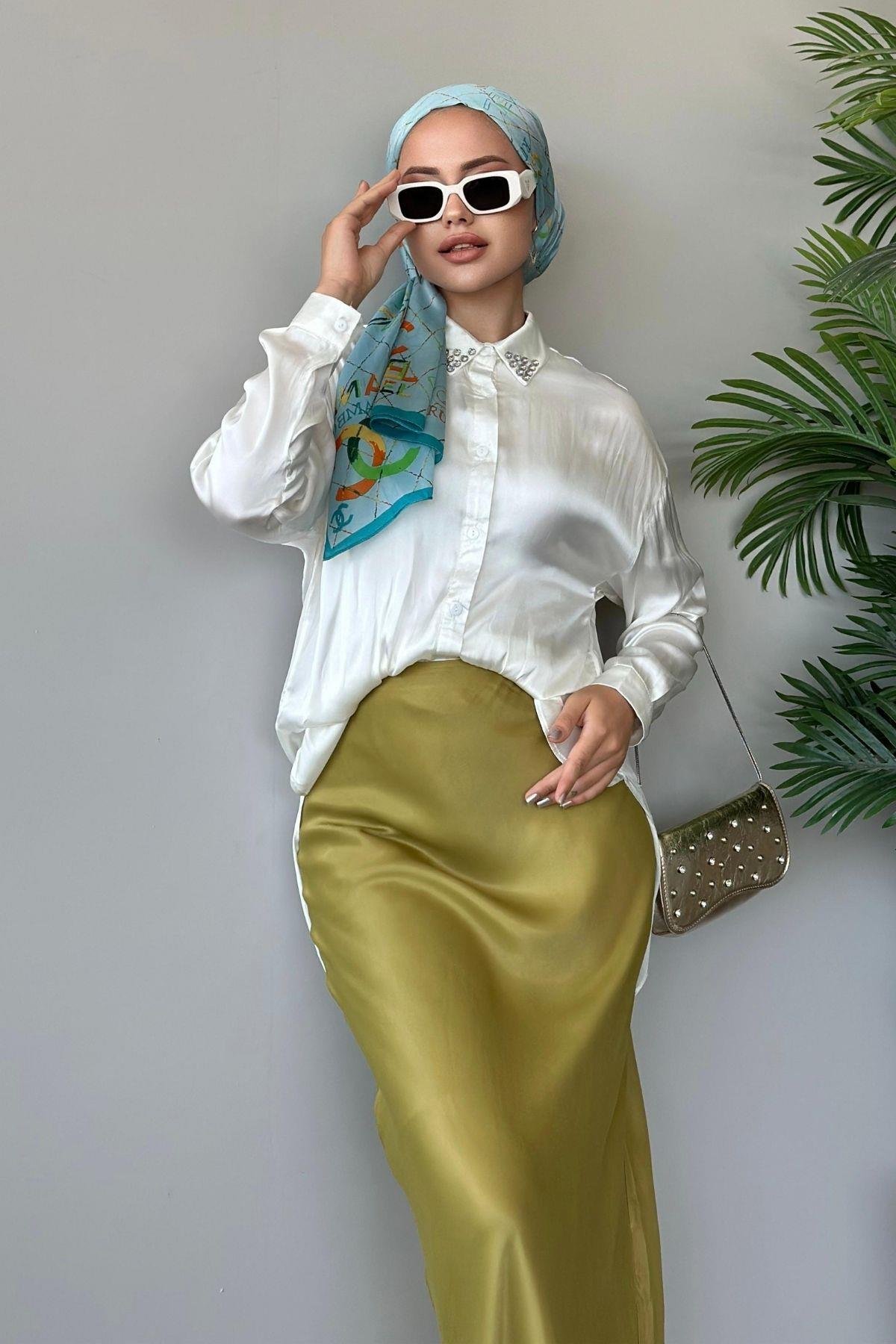 Zra Saten Etek Yağyeşili, Fiyatları Haza Moda | Tesettür Giyim | Zra Saten Etek Yağyeşili