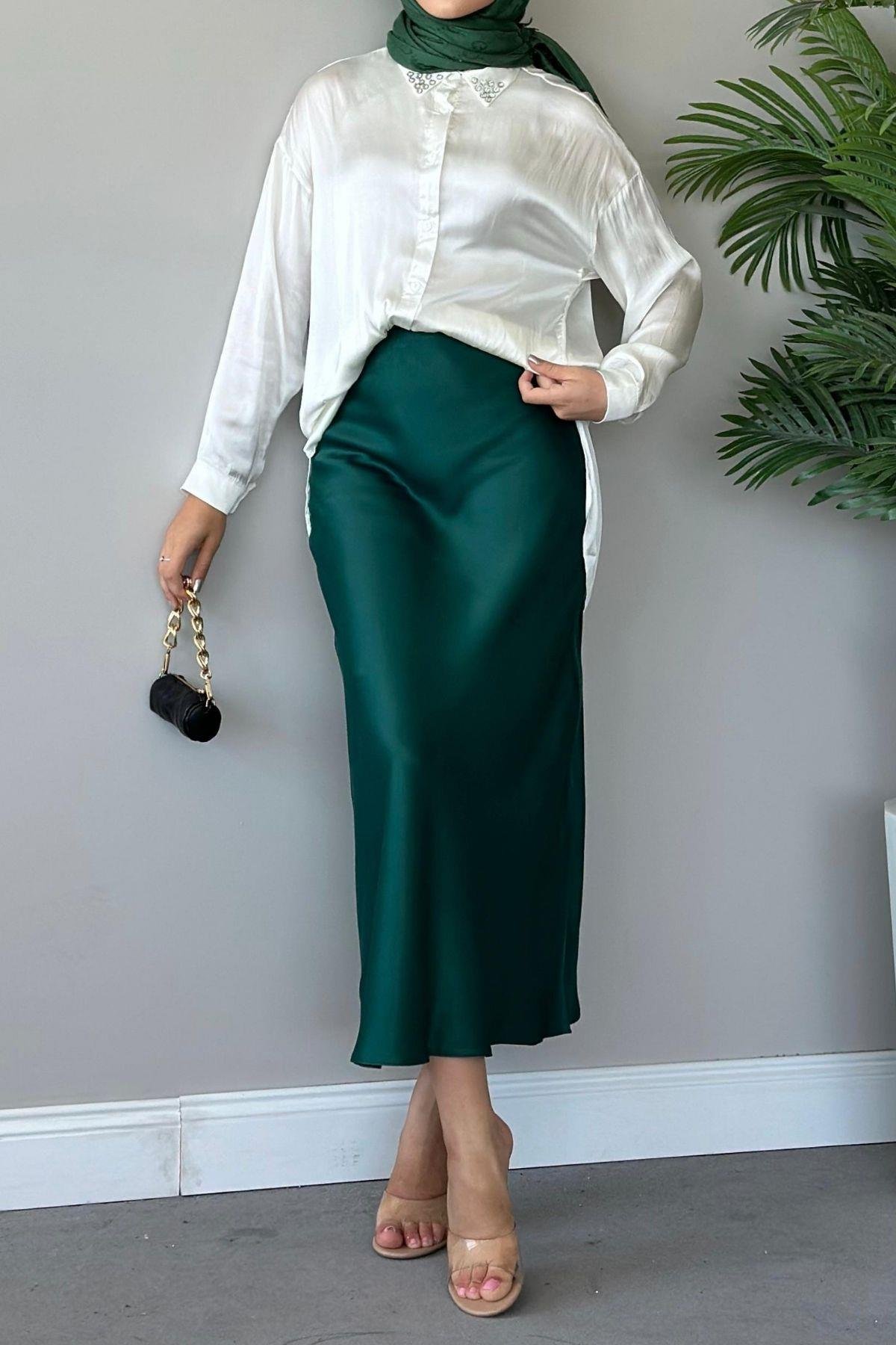 Zra Saten Etek Zümrüt, Fiyatları Haza Moda | Tesettür Giyim | Zra Saten Etek Zümrüt