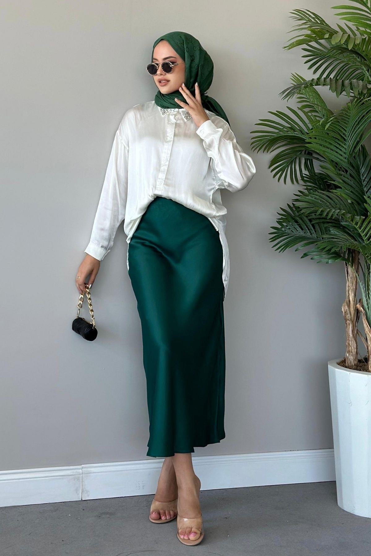 Zra Saten Etek Zümrüt, Fiyatları Haza Moda | Tesettür Giyim | Zra Saten Etek Zümrüt