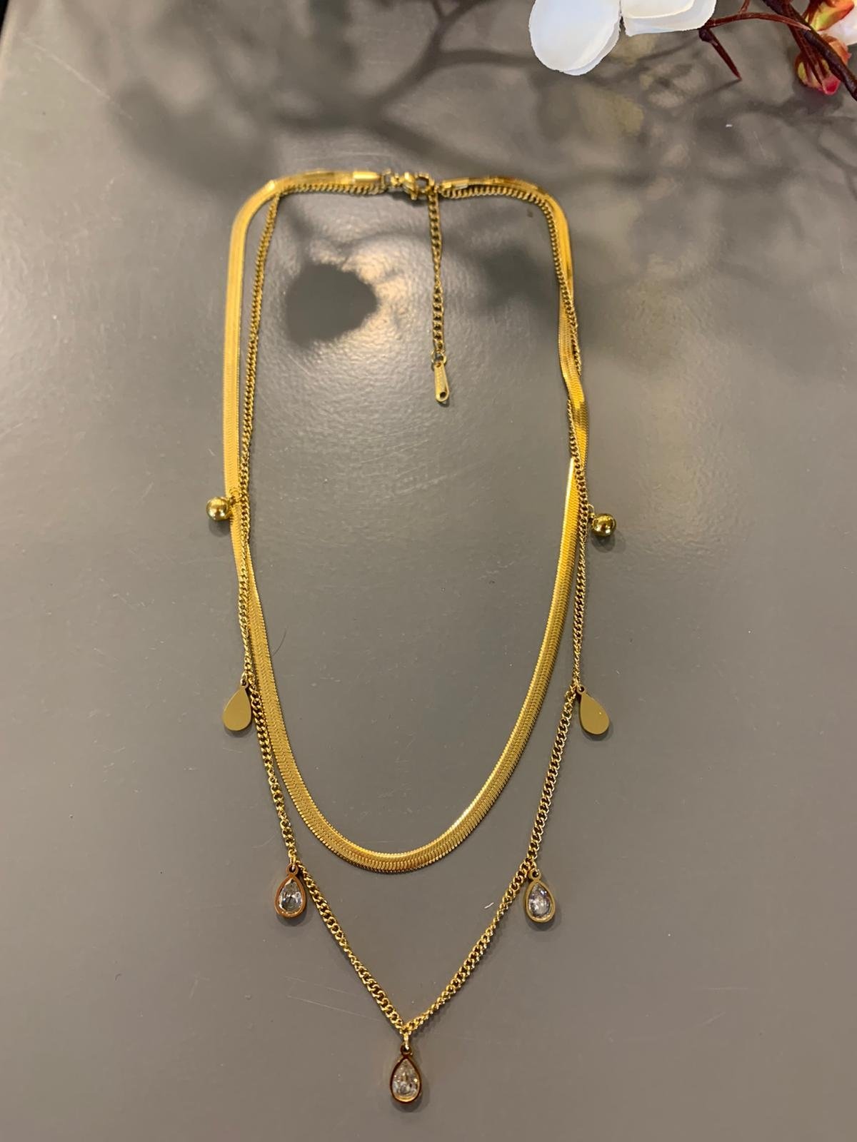 2 Katlı İtalyan Zincirli Damla Taşlı Çelik Kolye