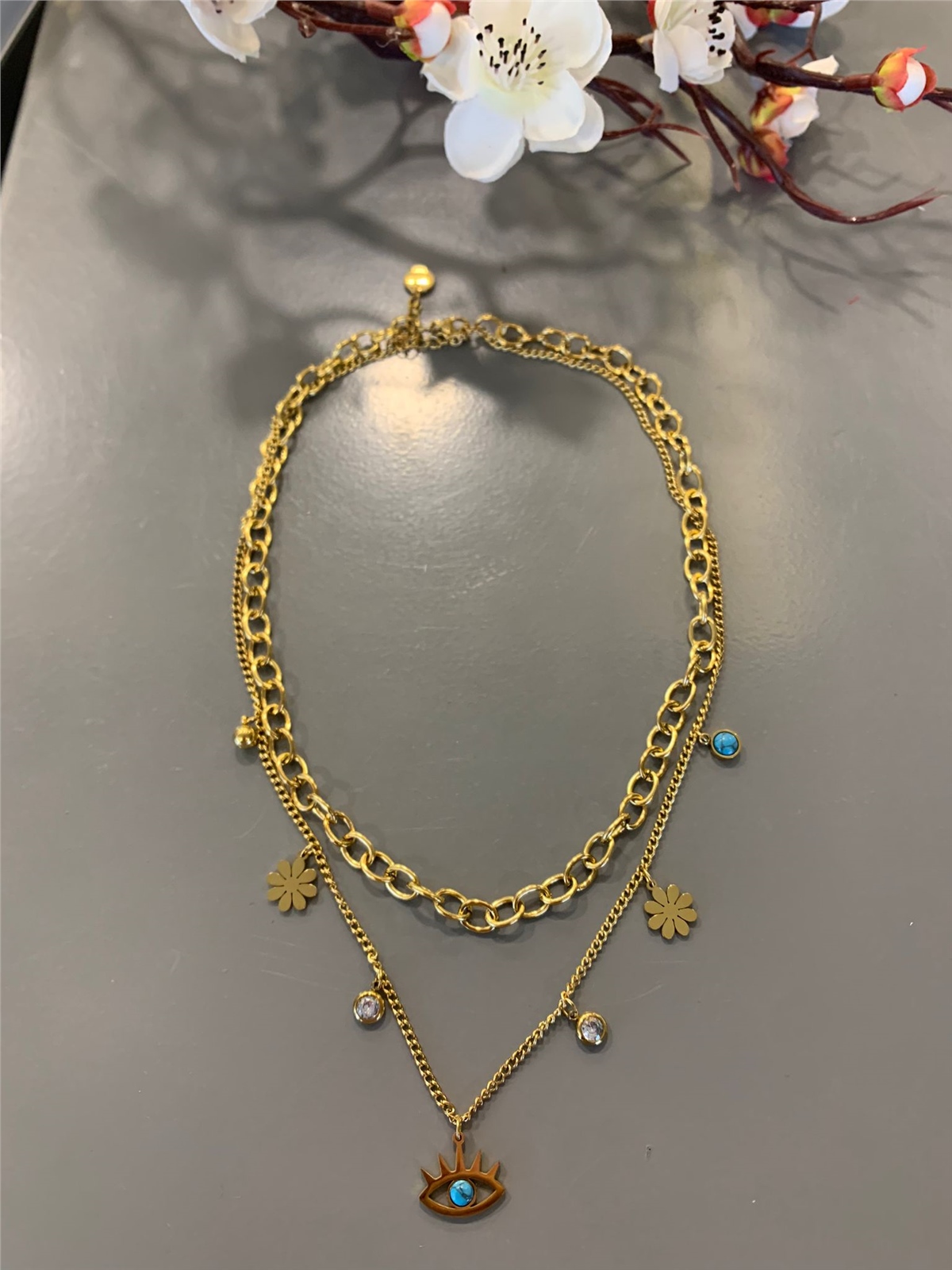 2 Katlı Zincirli Mavi Taşlı Göz Figürlü Çelik Kolye